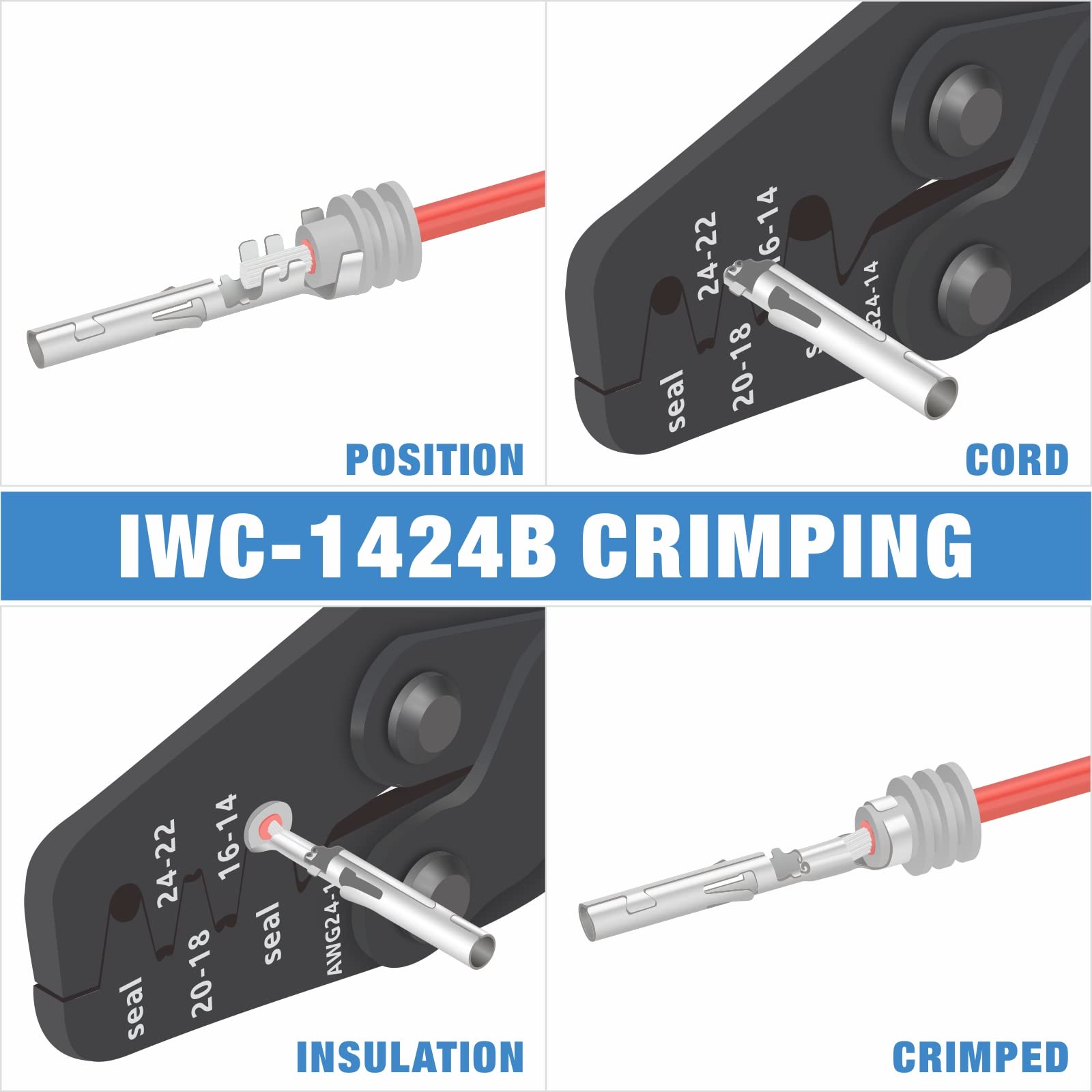 IWISS crimped Deutsch contact close-up showing OEM-style four-way indent results