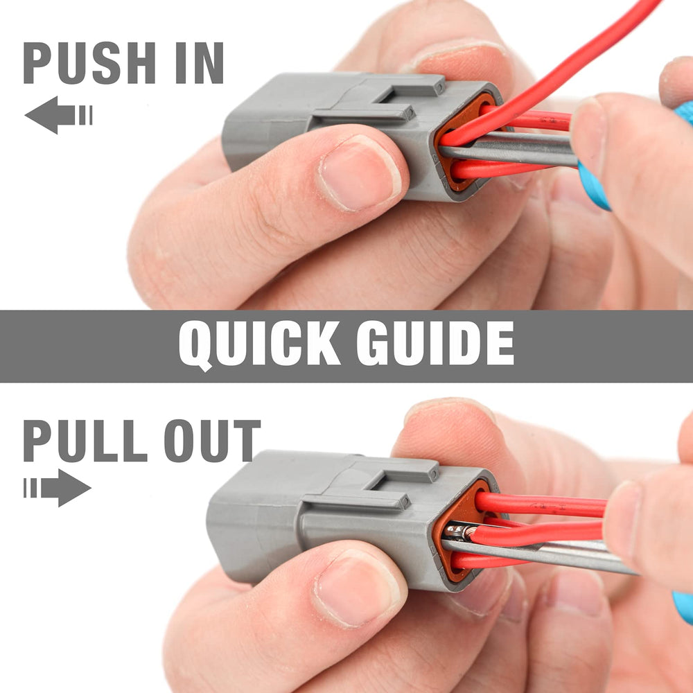 IWISS tool extracting a Deutsch solid contact, enabling safe terminal removal