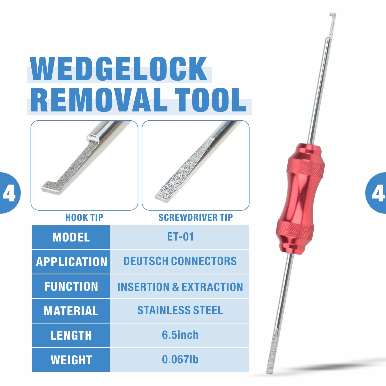IWISS four terminal extraction tools lined up to safely release connector pins