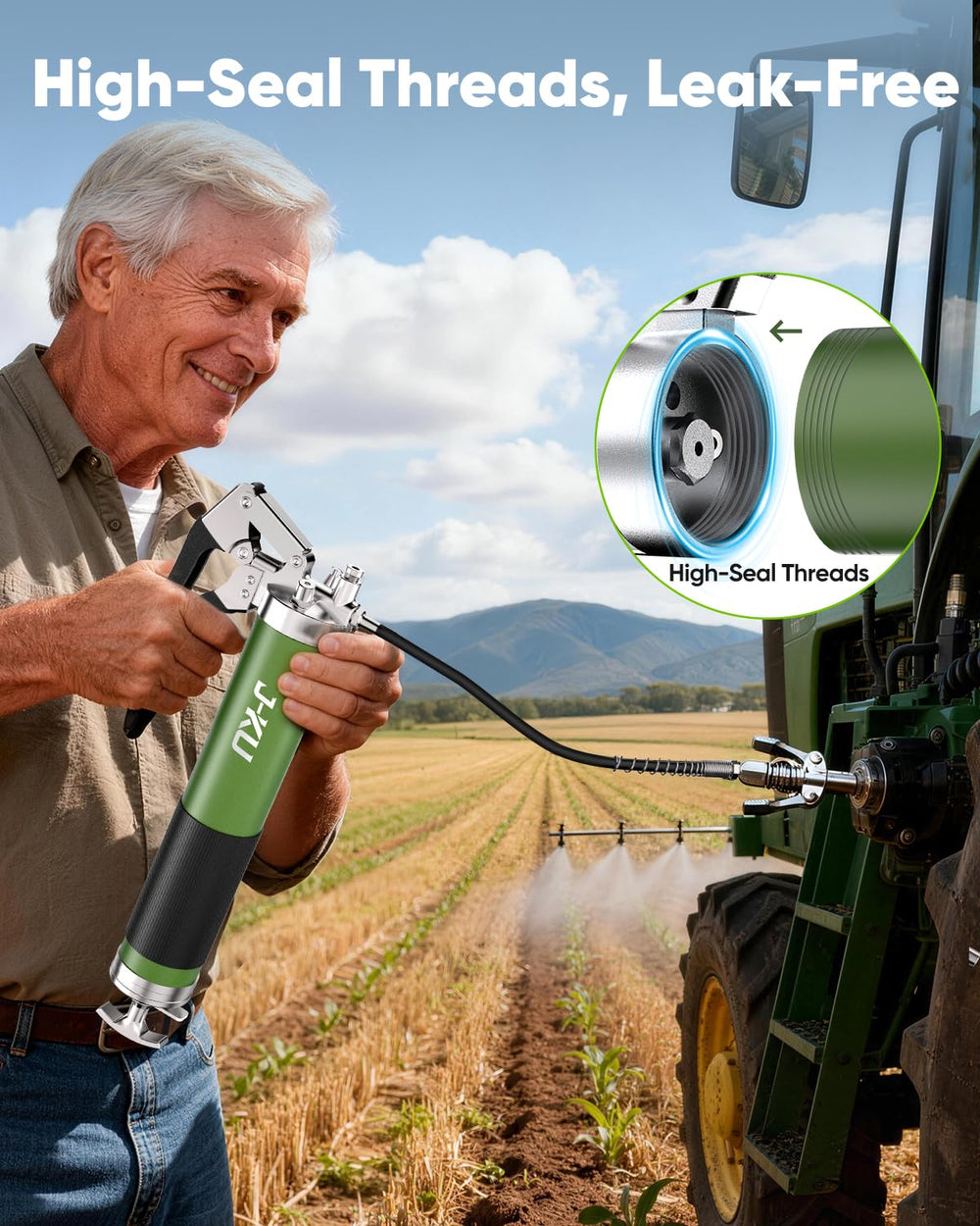 J-KU in use on tractor grease point showing efficient field maintenance