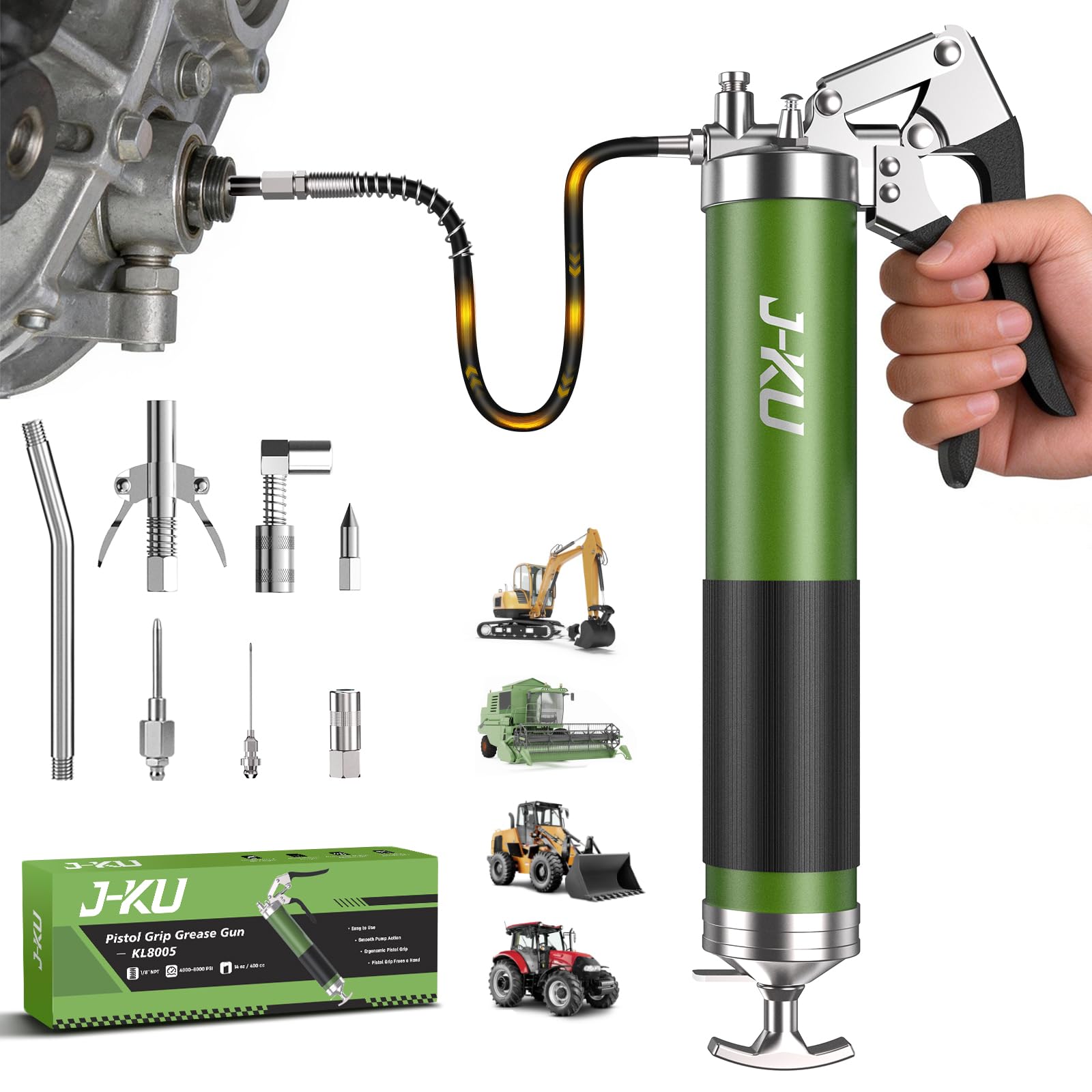 J-KU grease gun front view showing compact design and portability benefits