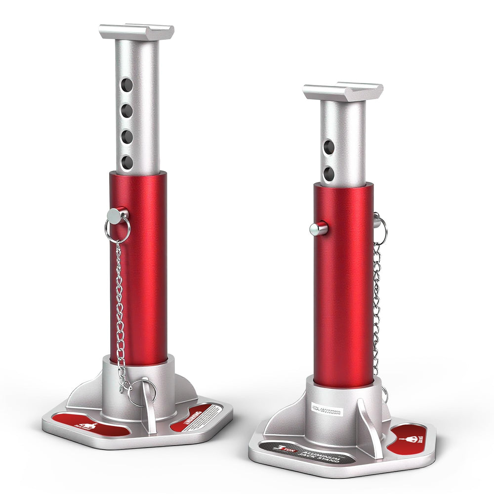 Jack Boss front view of pair of aluminum jack stands showing compact, portable design and capacity