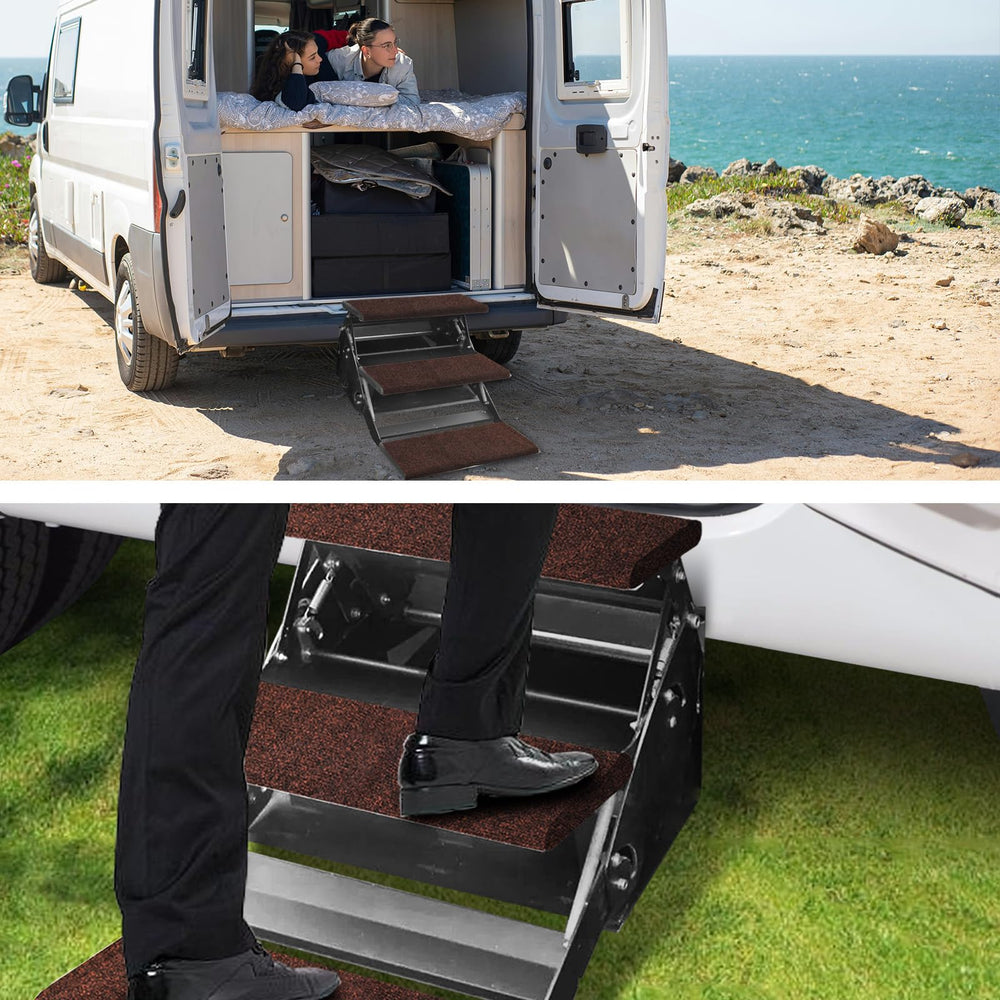 Jack Boss step cover at RV entryway lifestyle shot showing cleaner interior and upgraded curb appeal