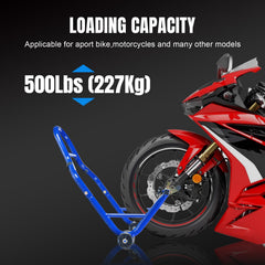 Jack Boss rear L-shaped stand with swingarm spools close-up protecting finish