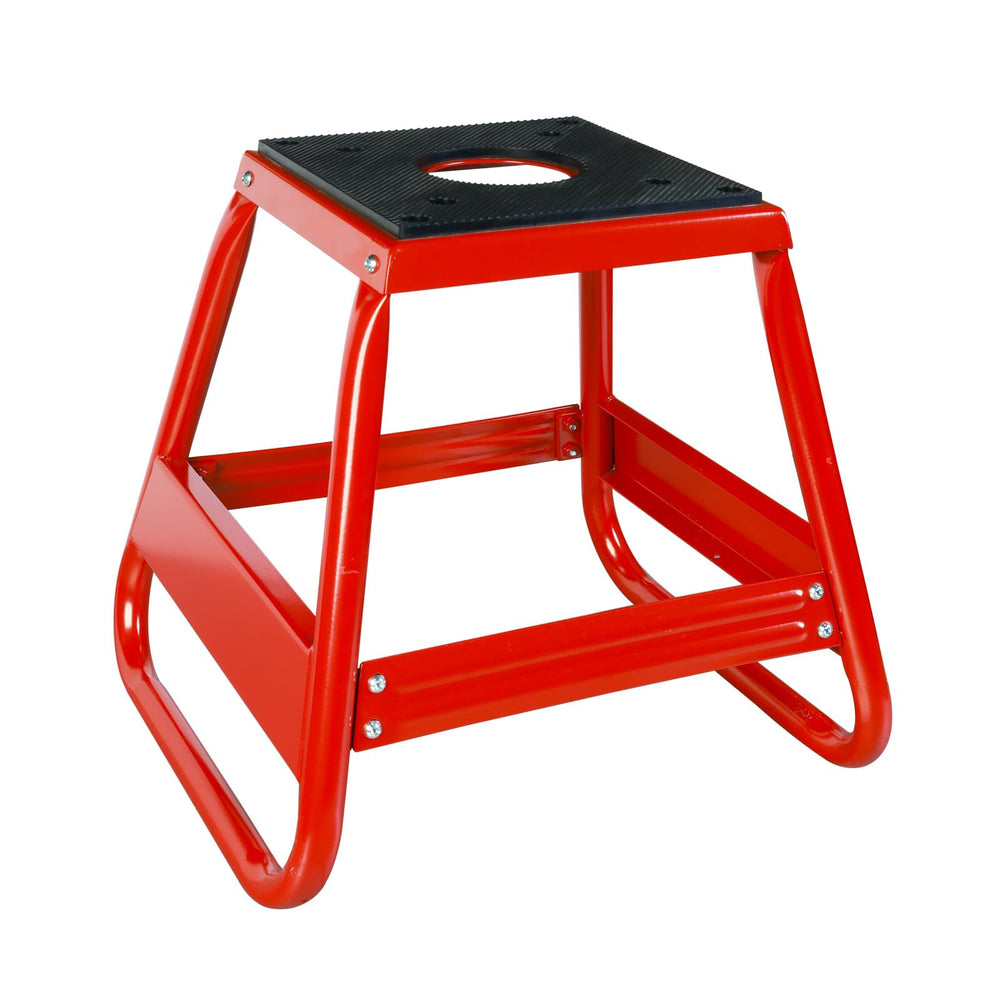 Jack Boss front view of red motorcycle stand showing stable frame and lift benefit