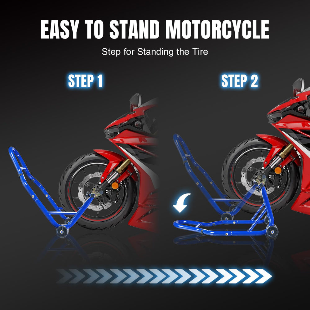 Jack Boss stands in use lifting a blue sportbike for chain and tire work