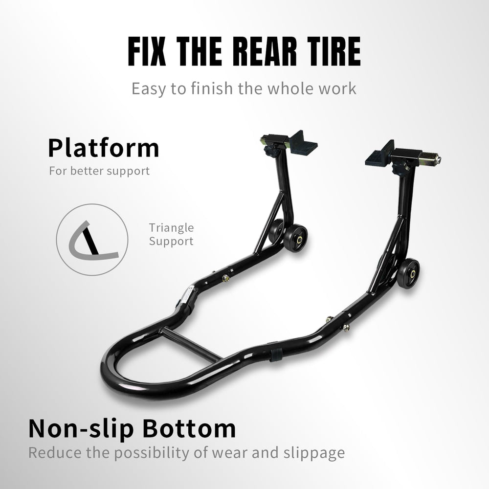 Jack Boss stand in use on sportbike showing elevated rear wheel for maintenance