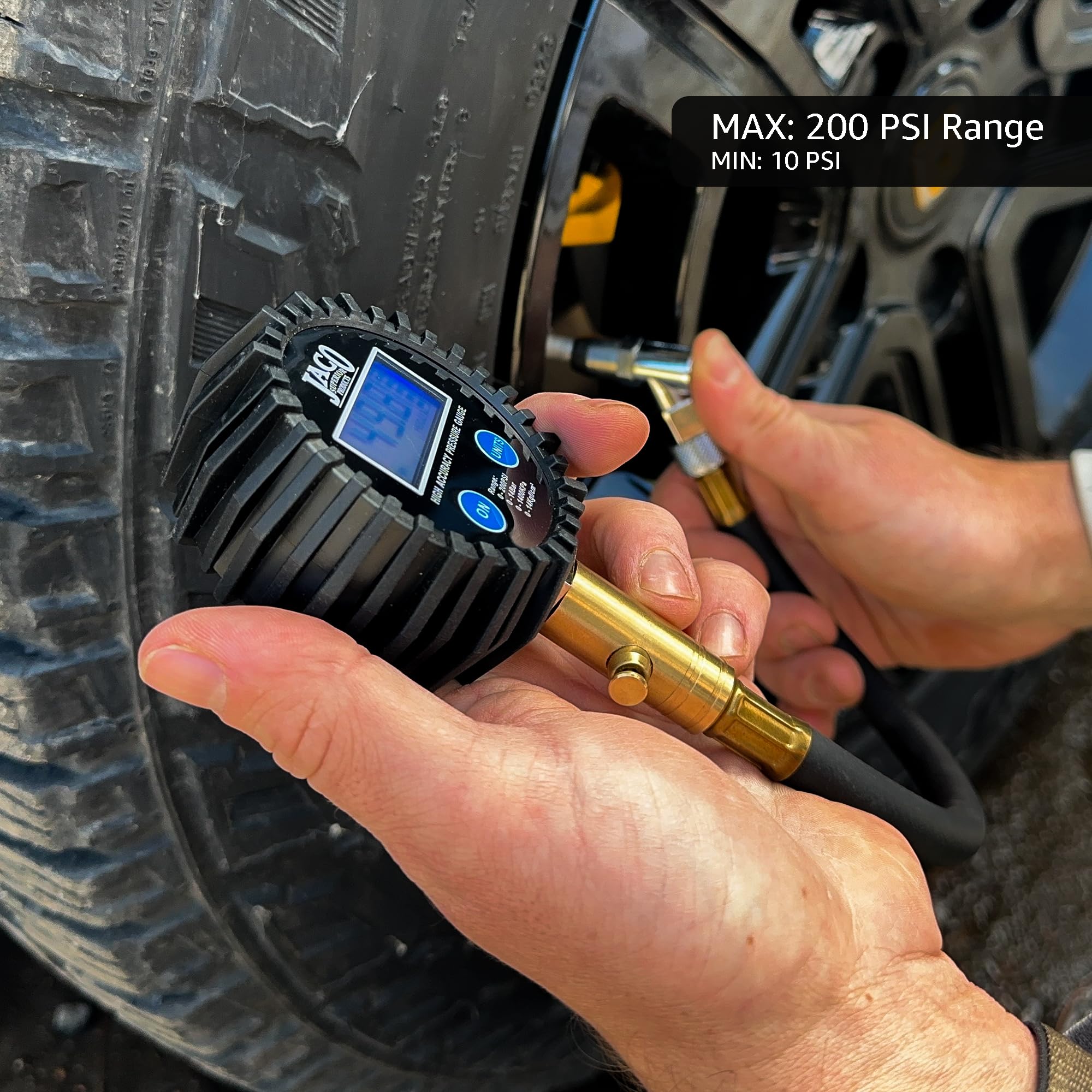 JACO ElitePro measuring a car tire demonstrating shop-grade accuracy on vehicle