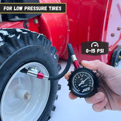 JACO ElitePro-X dial detail highlighting clear 0–15 PSI scale for precise low-pressure checks