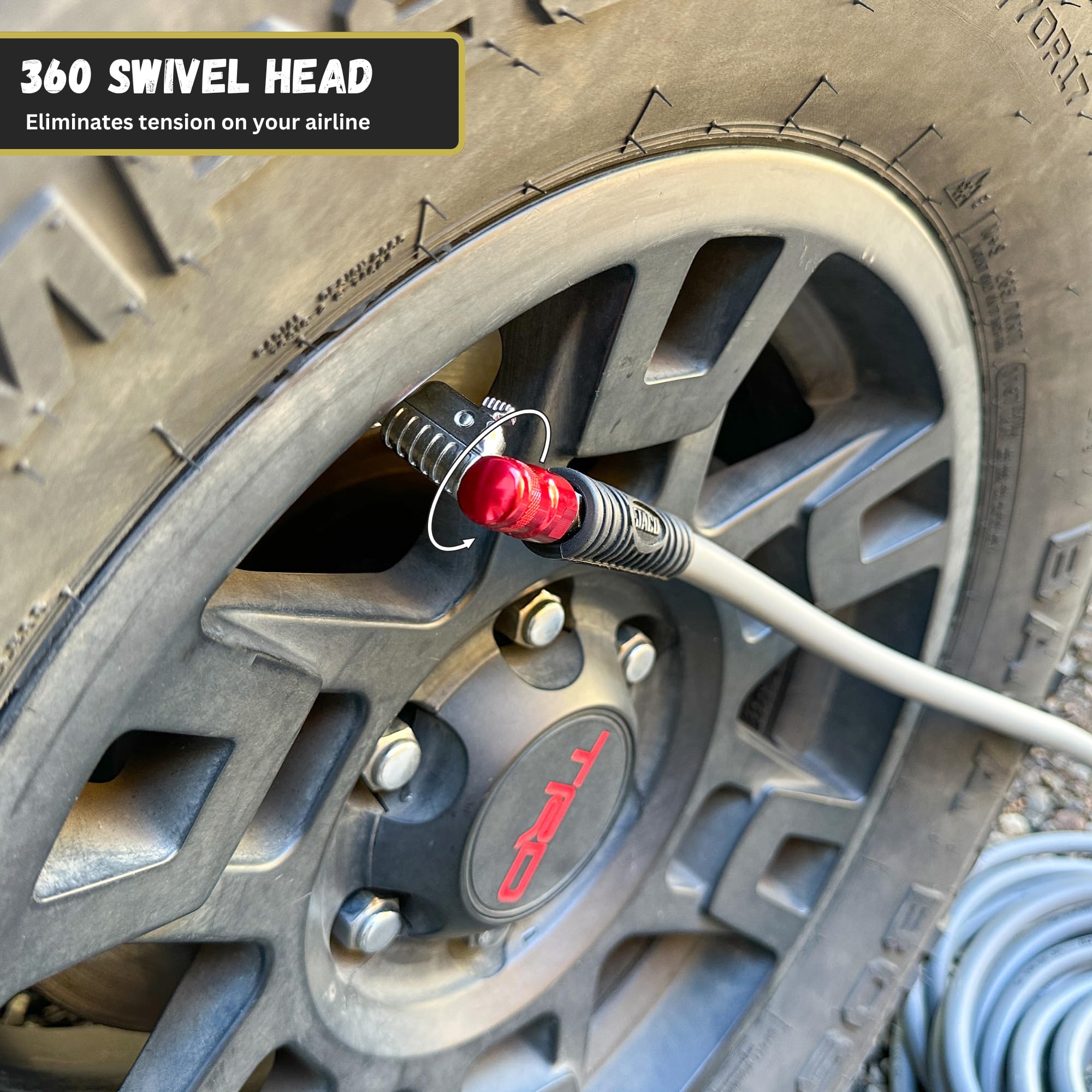 JACO Lightning L2 connected to tire valve demonstrating leak-free inflation control