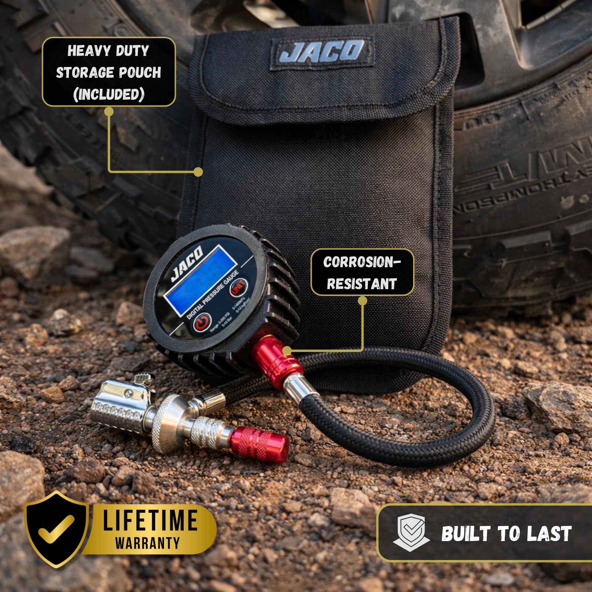 JACO Lightning RX4 attached to an off-road tire showing fast, controlled air down