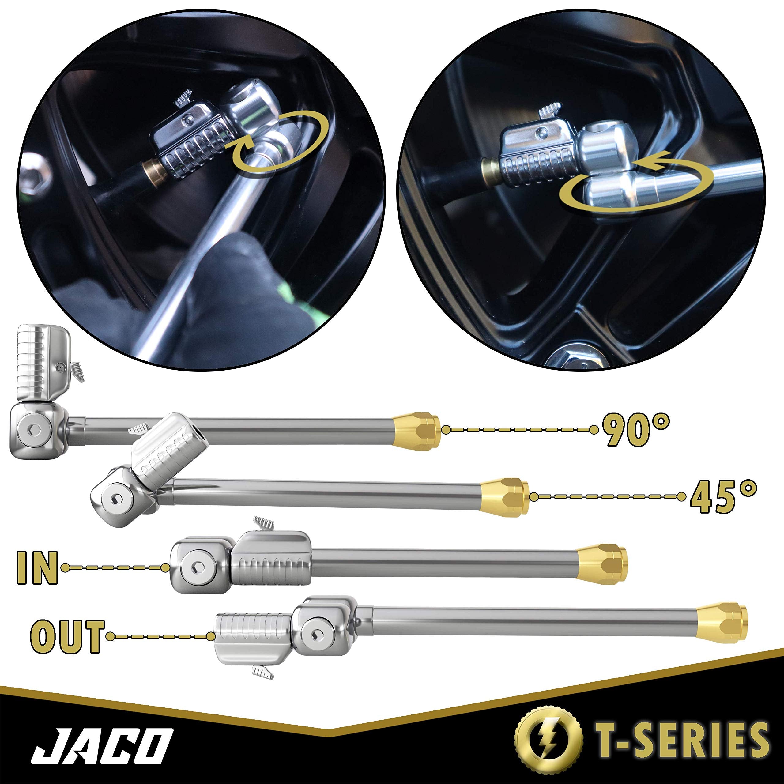 JACO Lightning T-Series attached to an inline gauge for accurate tire inflation