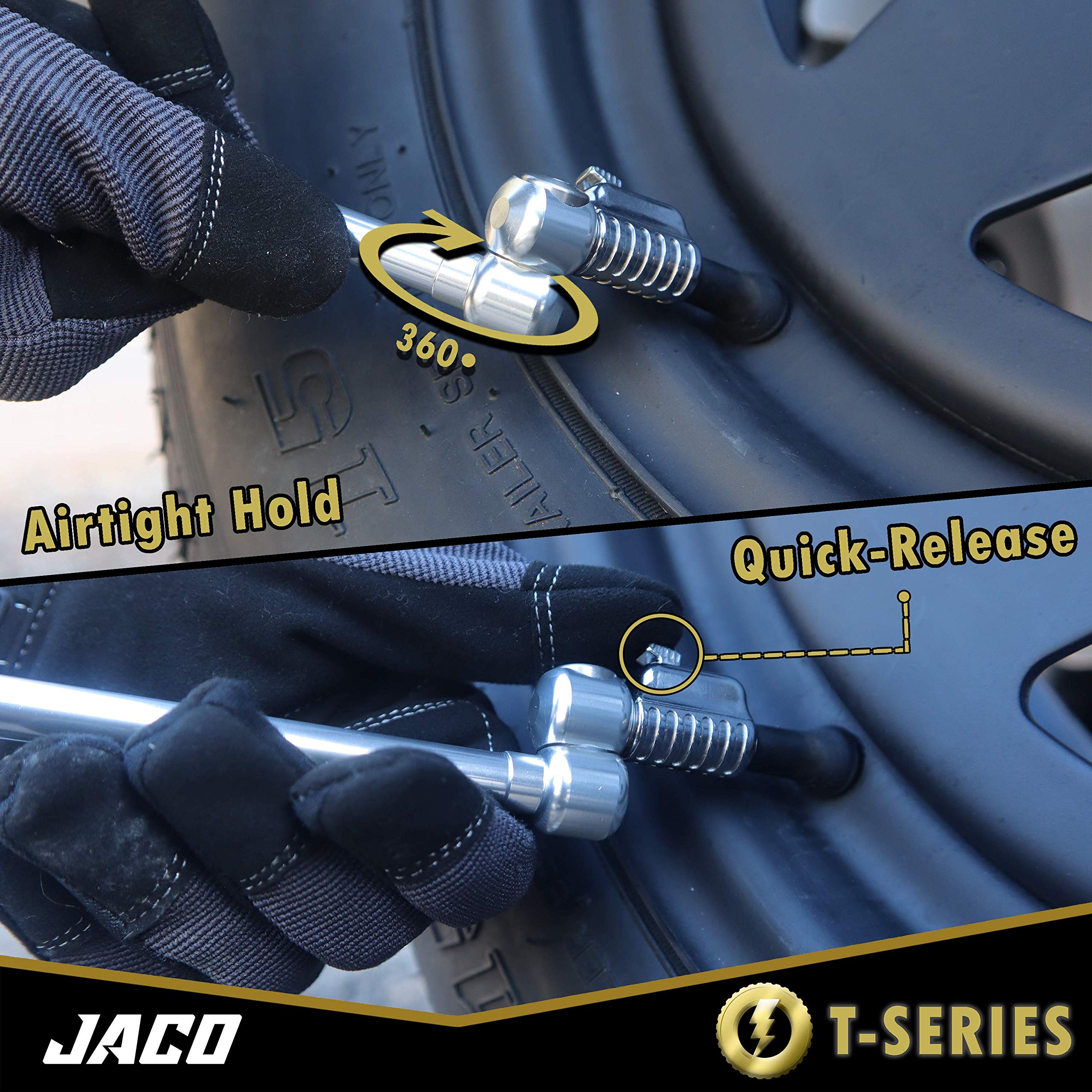 JACO Lightning T-Series in a garage inflating a truck tire for faster service
