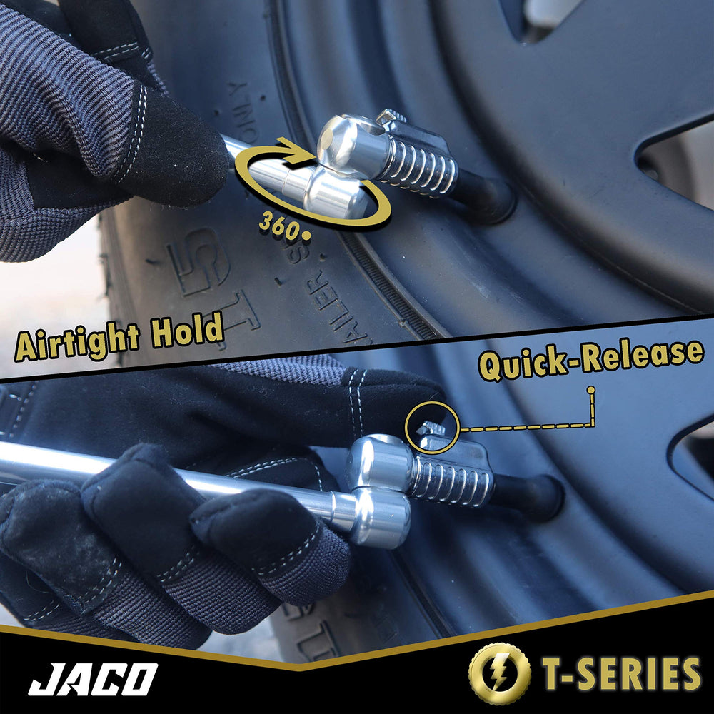 JACO Lightning T-Series in a garage inflating a truck tire for faster service