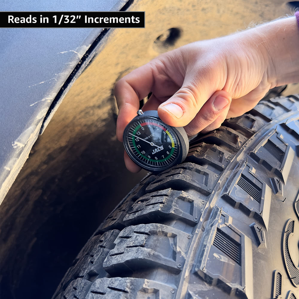 JACO TreadPro measuring tire tread in use on a car tire, fast reliable readings