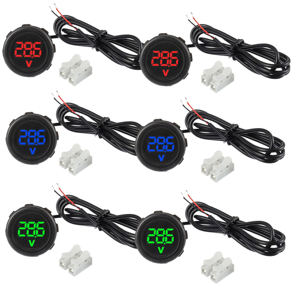 JAMHER front view of three-color voltmeter set showing clear LED readings and easy identification