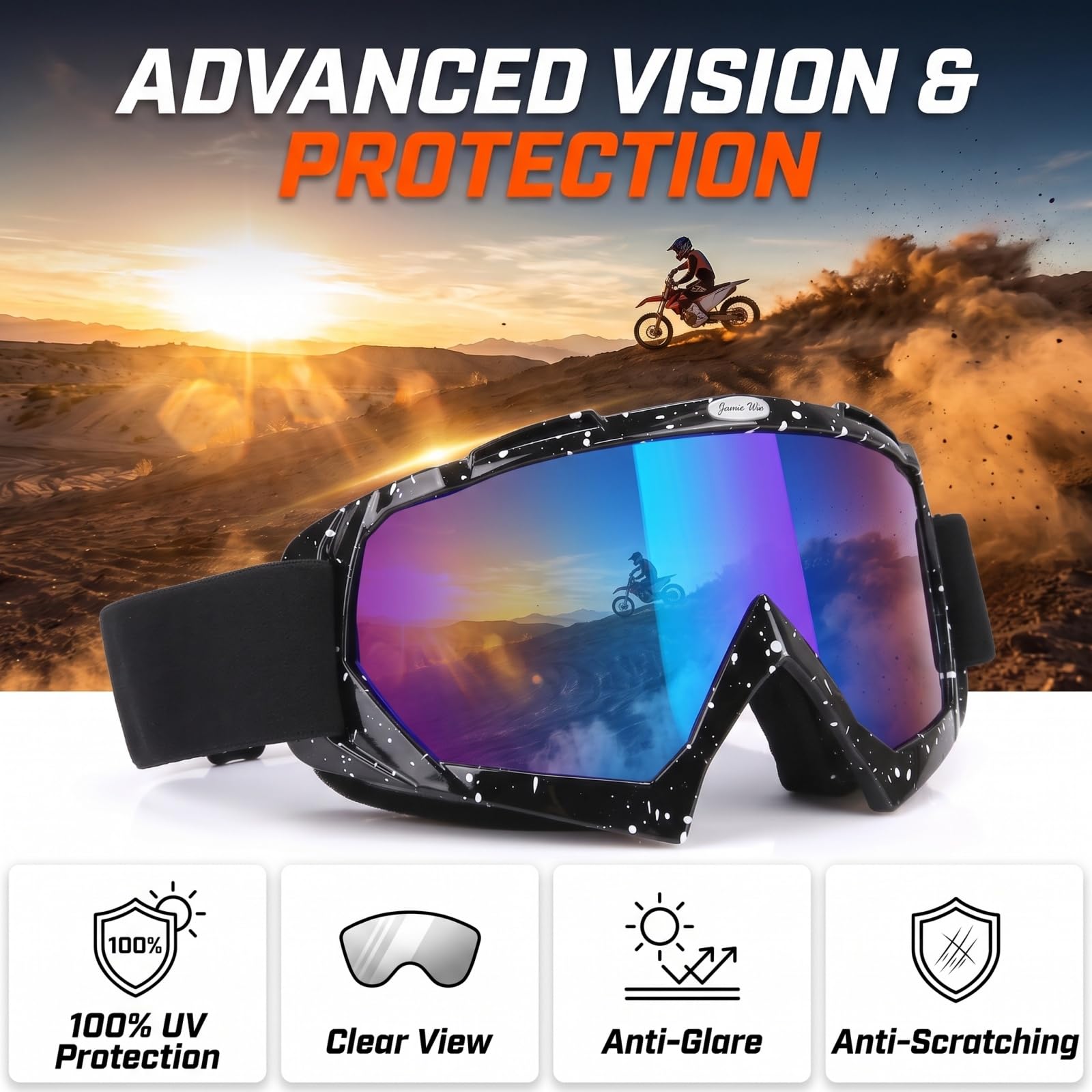 JAMIEWIN goggles fitted to helmet edge illustrating OTG and compatibility benefit