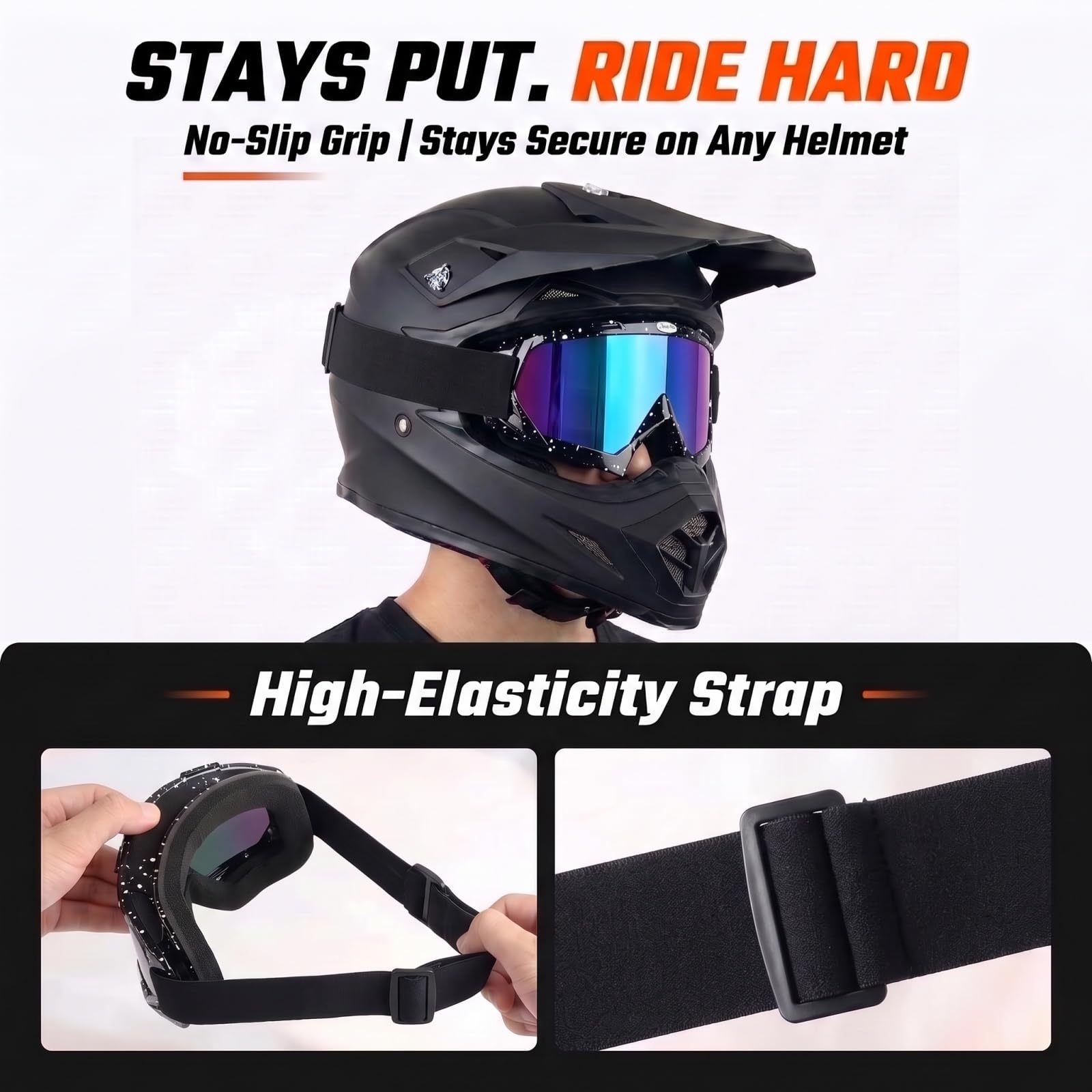 JAMIEWIN rider using goggles off-road showing protection and wind resistance benefit