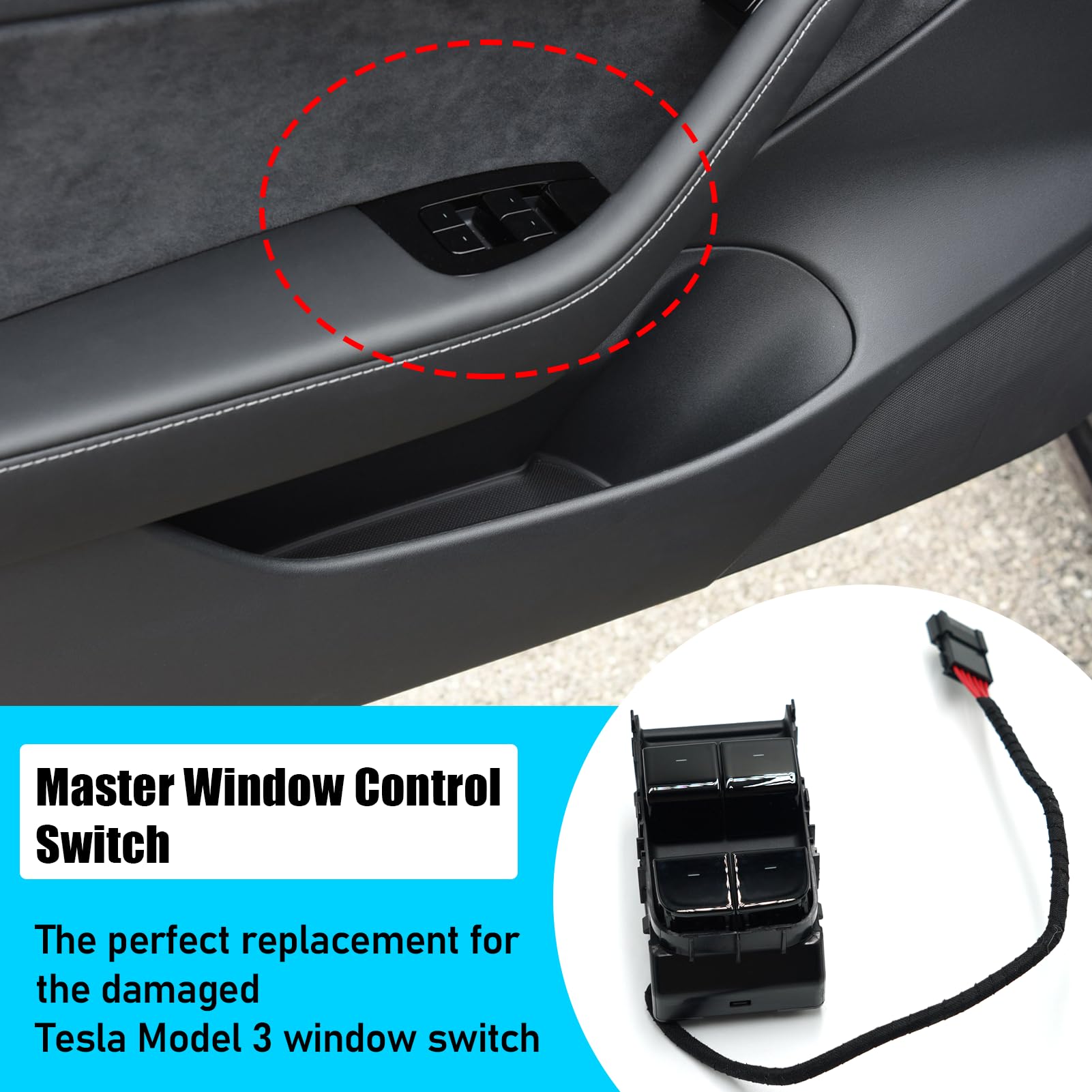 Jaronx switch mounted in Model 3 door demonstrating correct alignment