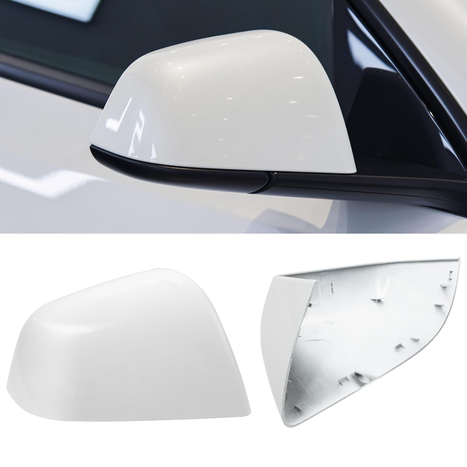 Jaronx right side mirror cover front view showing clean pearl white finish and OEM fit