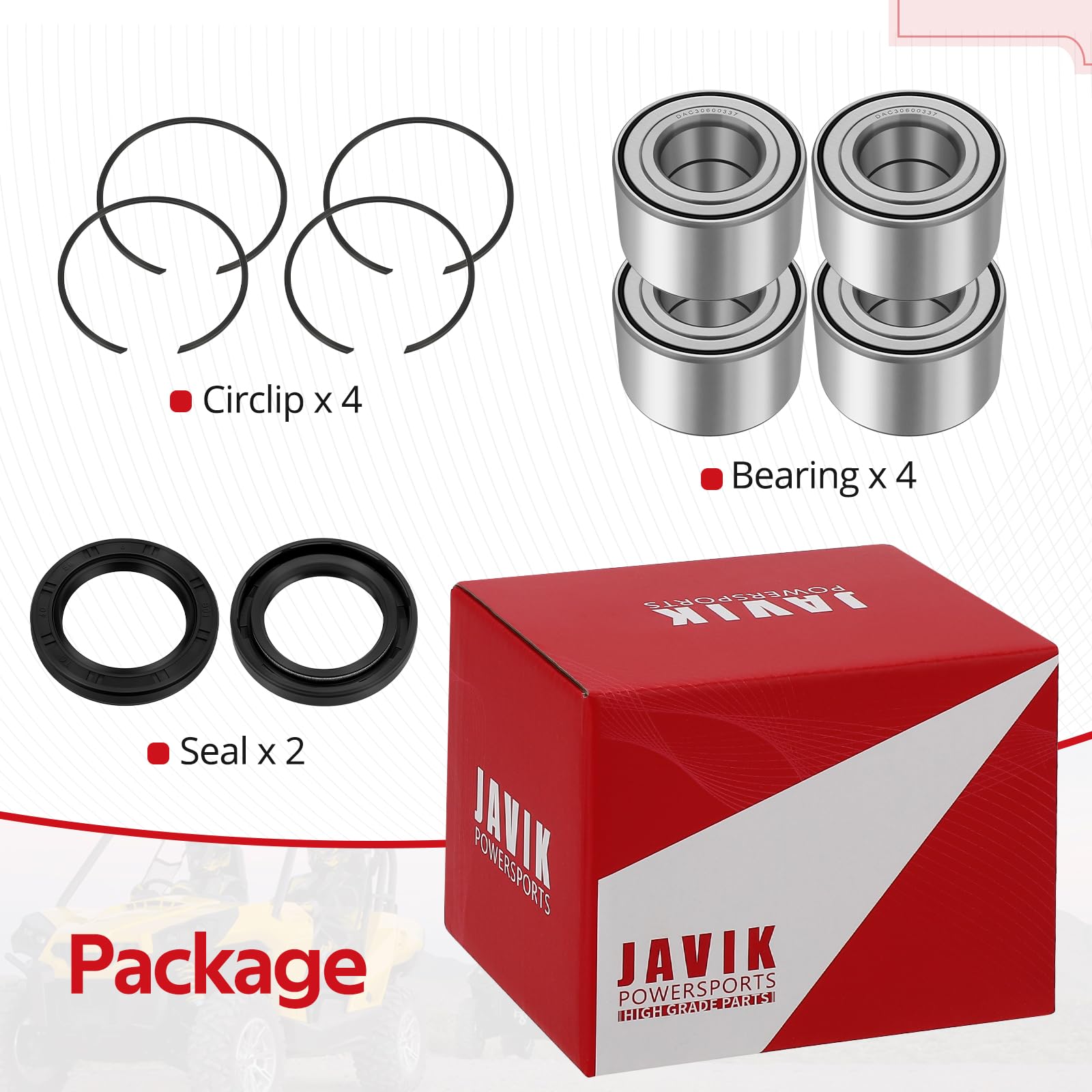 JAVIK circlip and seal components laid out for easy installation