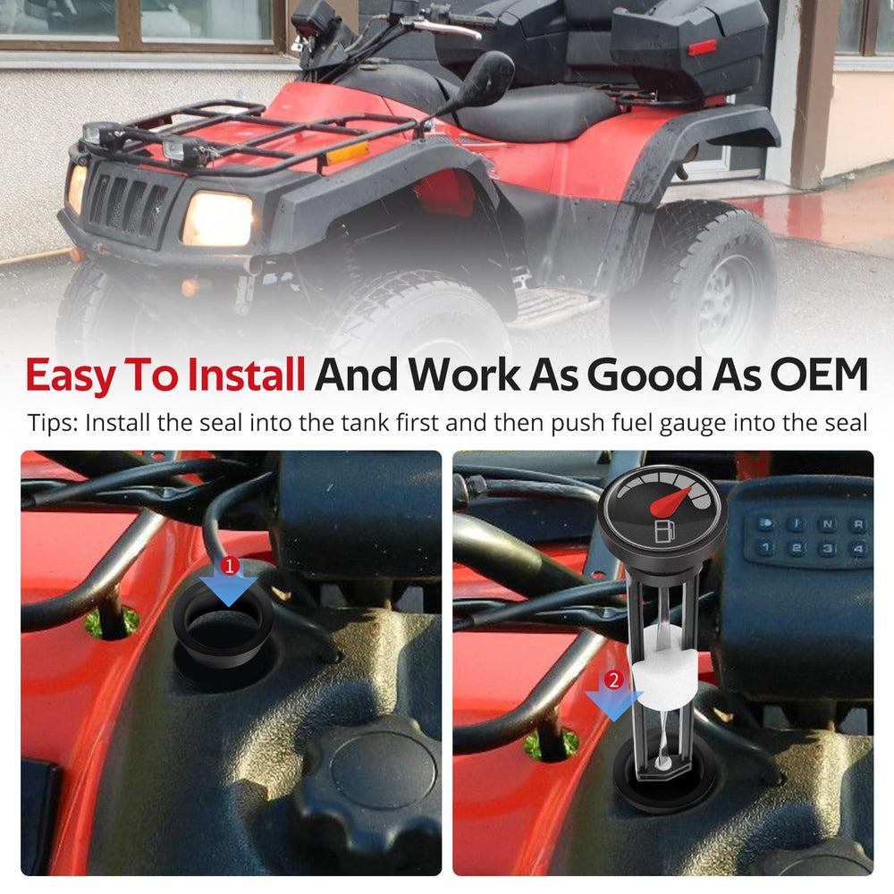 JAVIK fuel gauge installed on ATV tank illustrating direct-fit convenience