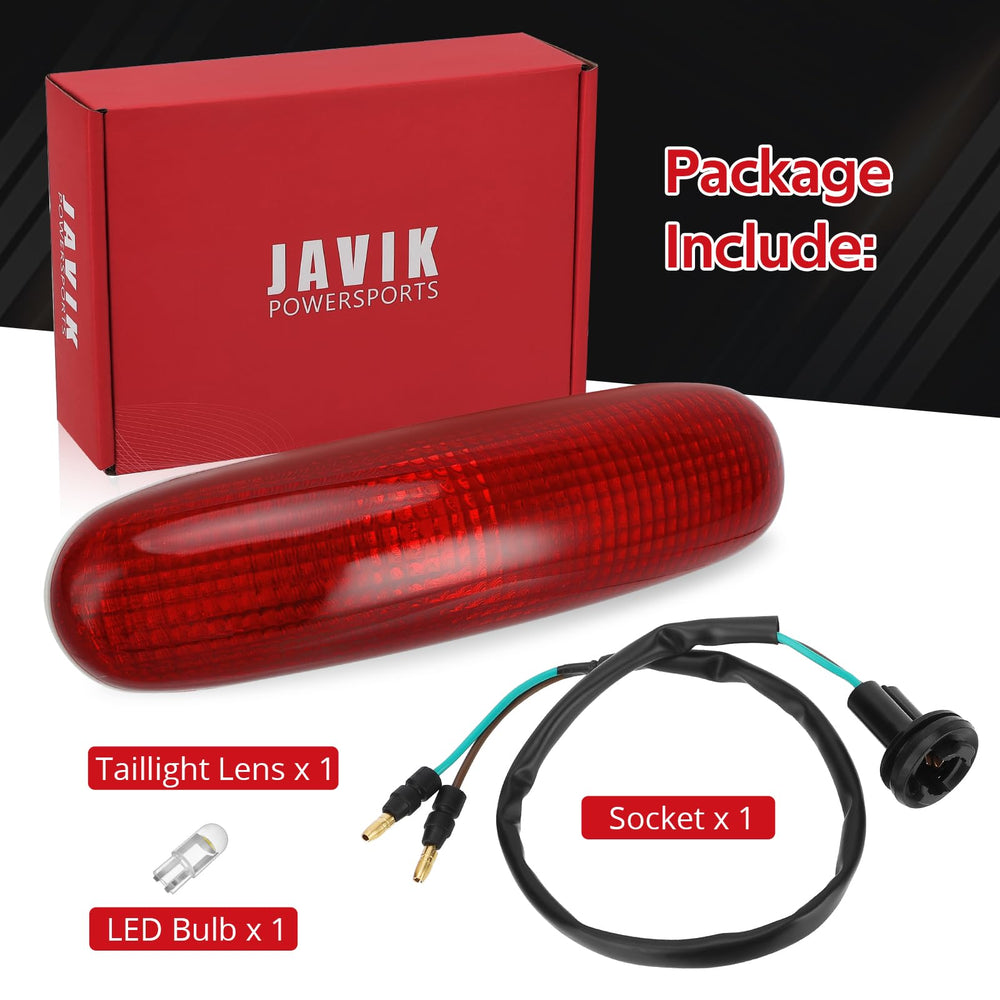 JAVIK taillight size scale with hand showing compact, direct-fit dimensions