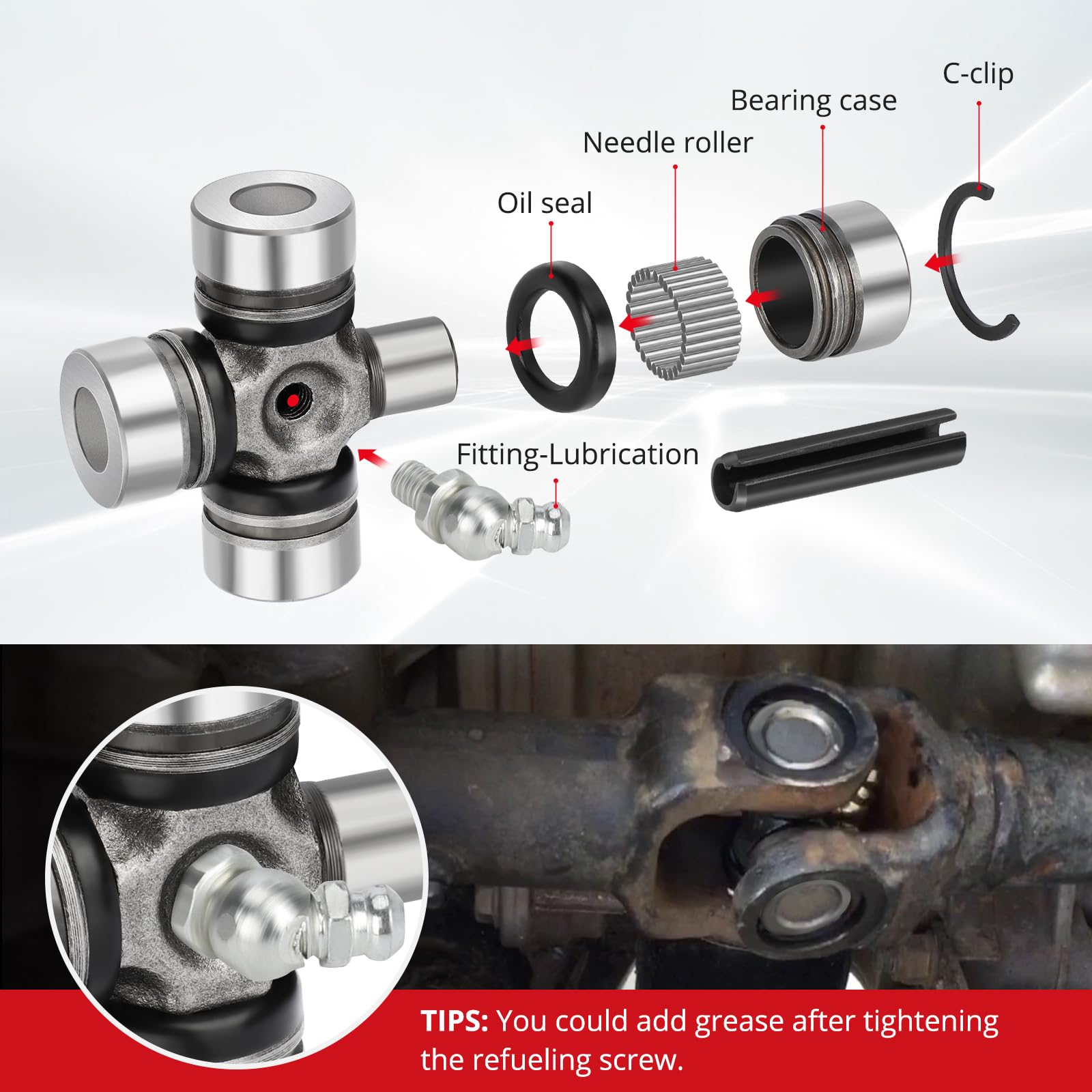 JAVIK u-joint with scale and hardware showing complete kit reduces extra purchases benefit