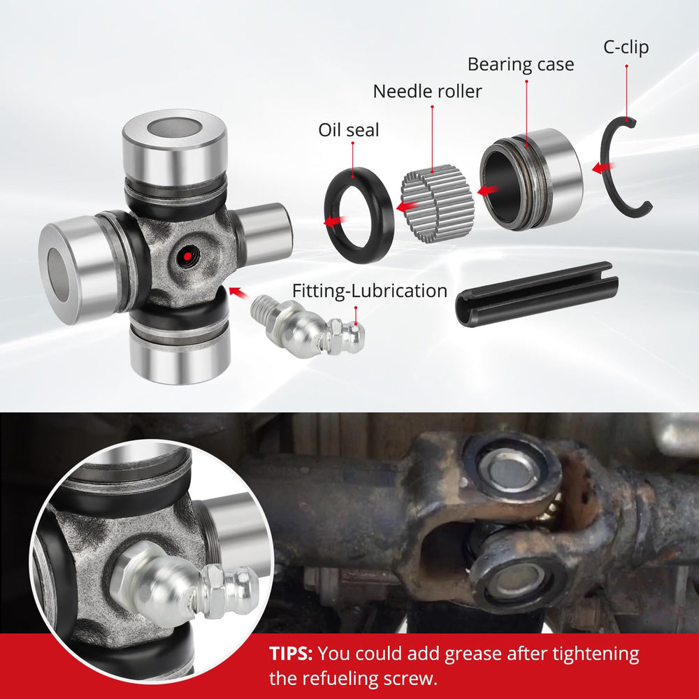 JAVIK u-joint with scale and hardware showing complete kit reduces extra purchases benefit