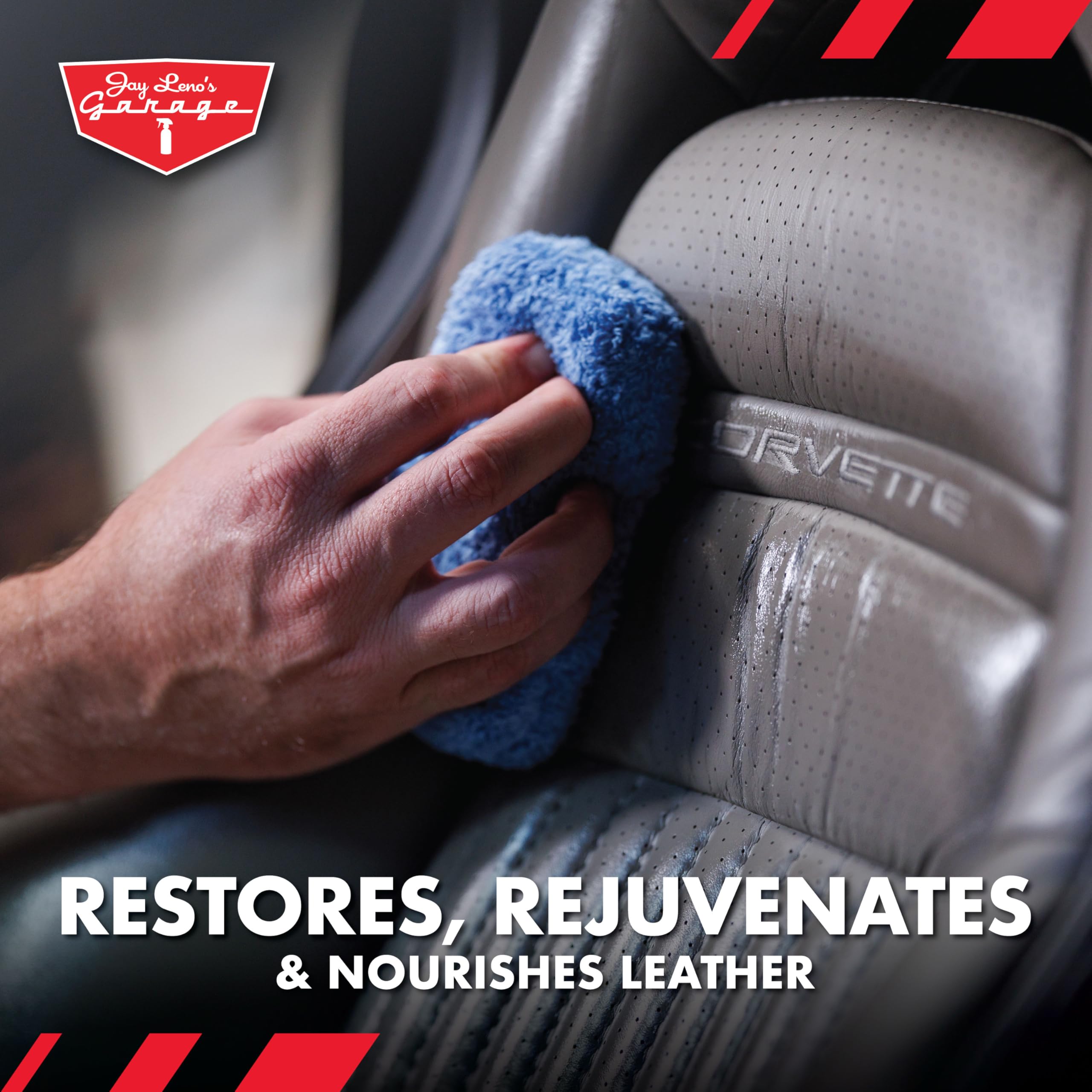 Jay Leno's Garage applying conditioner to car seat demonstrating nourishment benefit