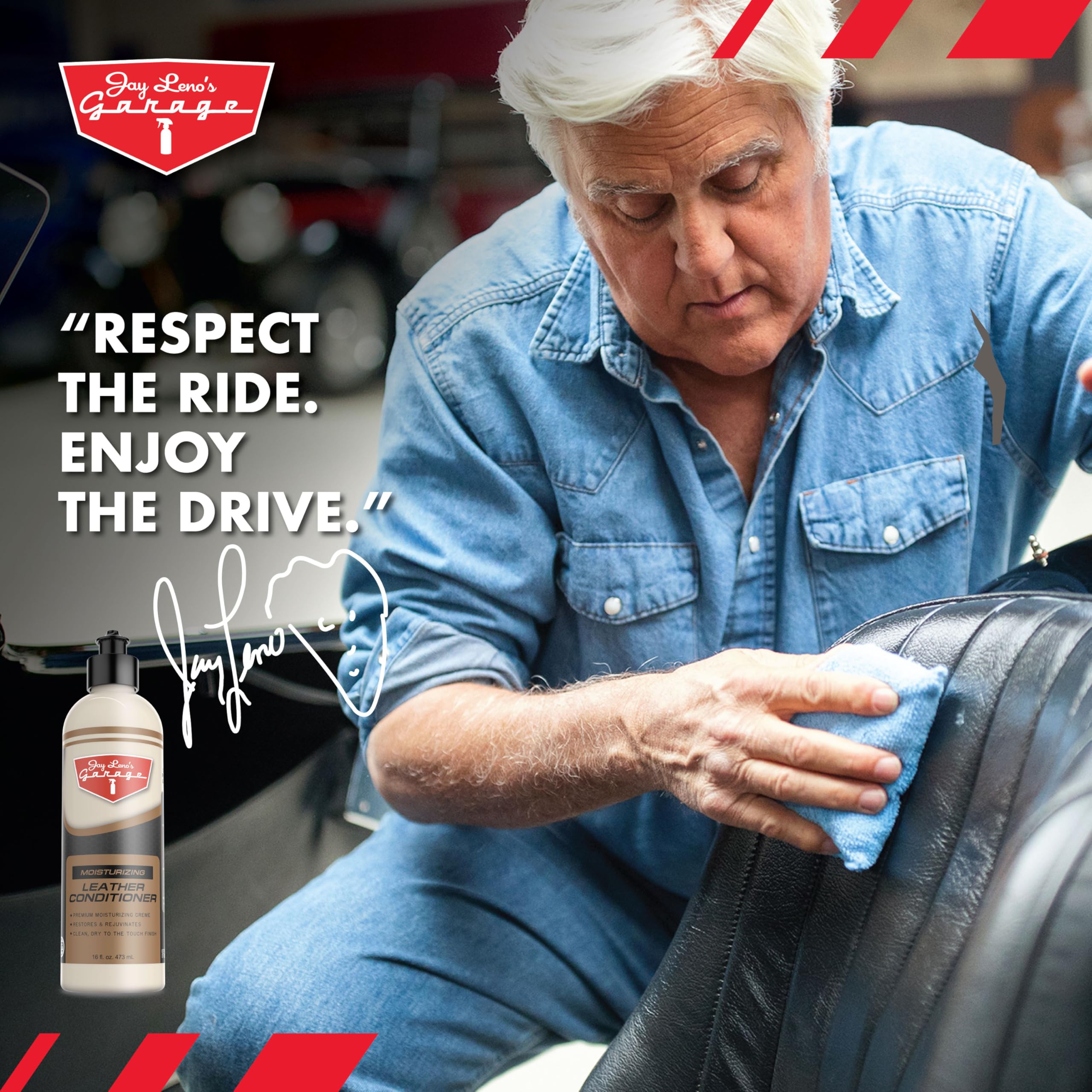 Jay Leno's Garage bottle staged with detailing tools showing professional-grade benefit