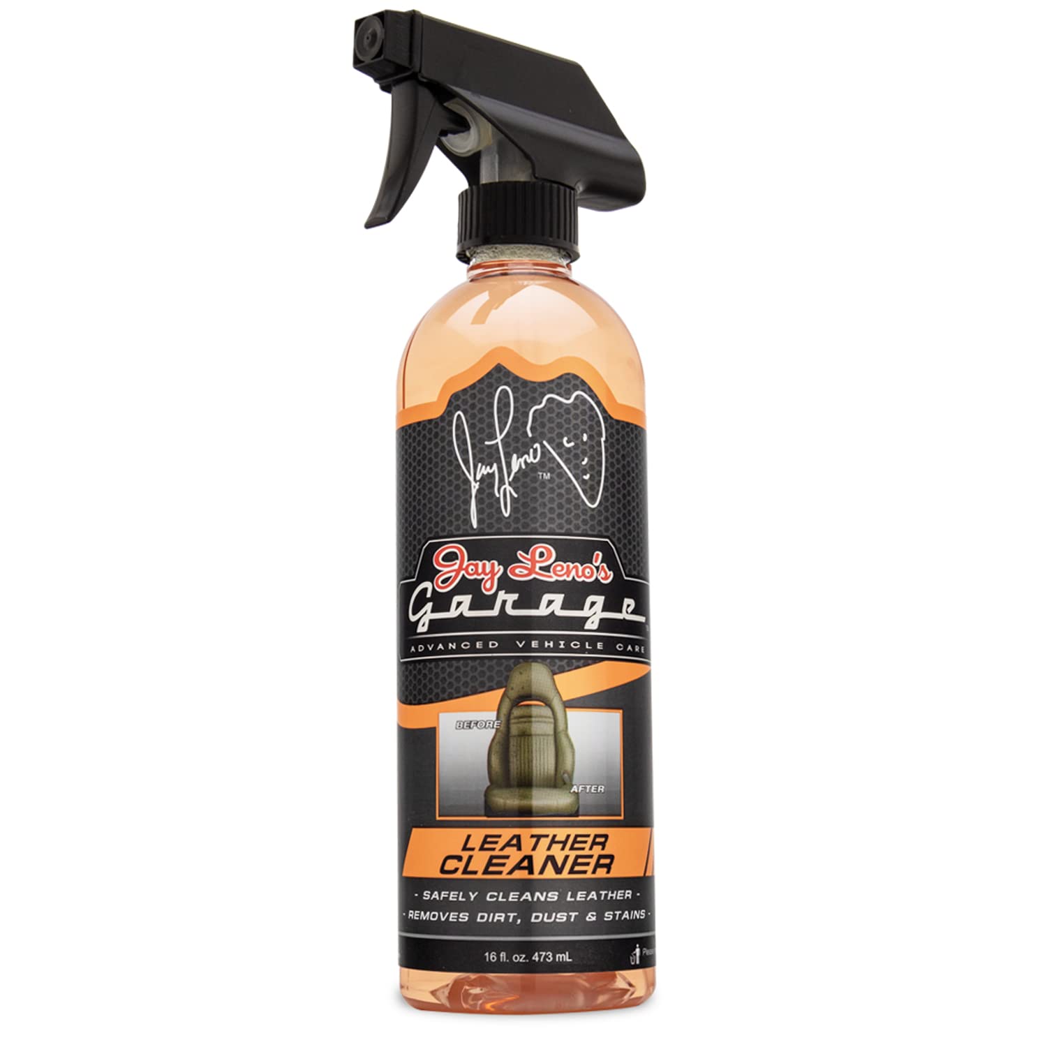 Jay Leno's Garage cleaner bottle close-up highlighting precise dosing and safe formula