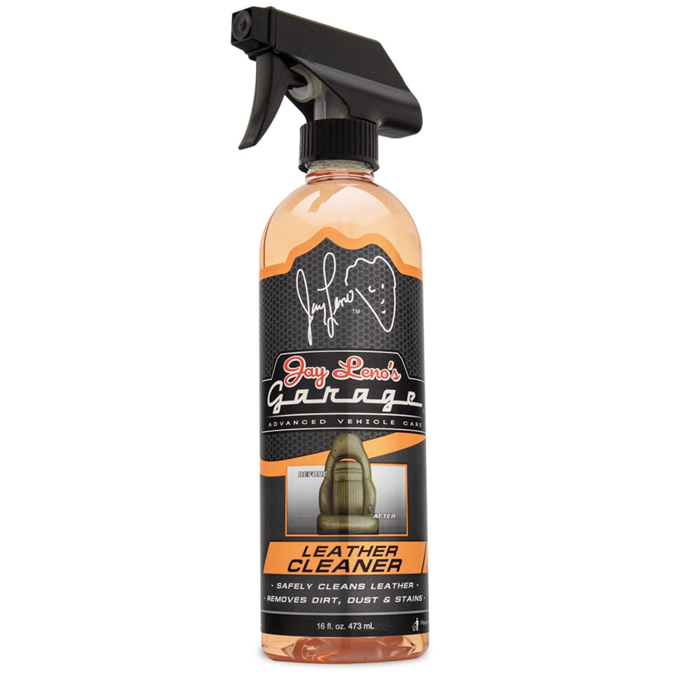 Jay Leno's Garage cleaner bottle close-up highlighting precise dosing and safe formula
