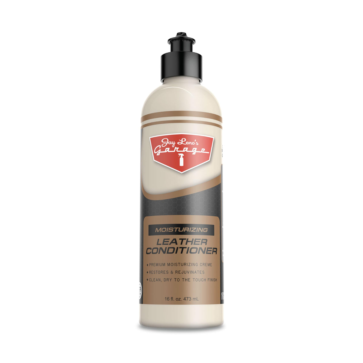 Jay Leno's Garage front label showing 16 oz bottle and product identity benefit