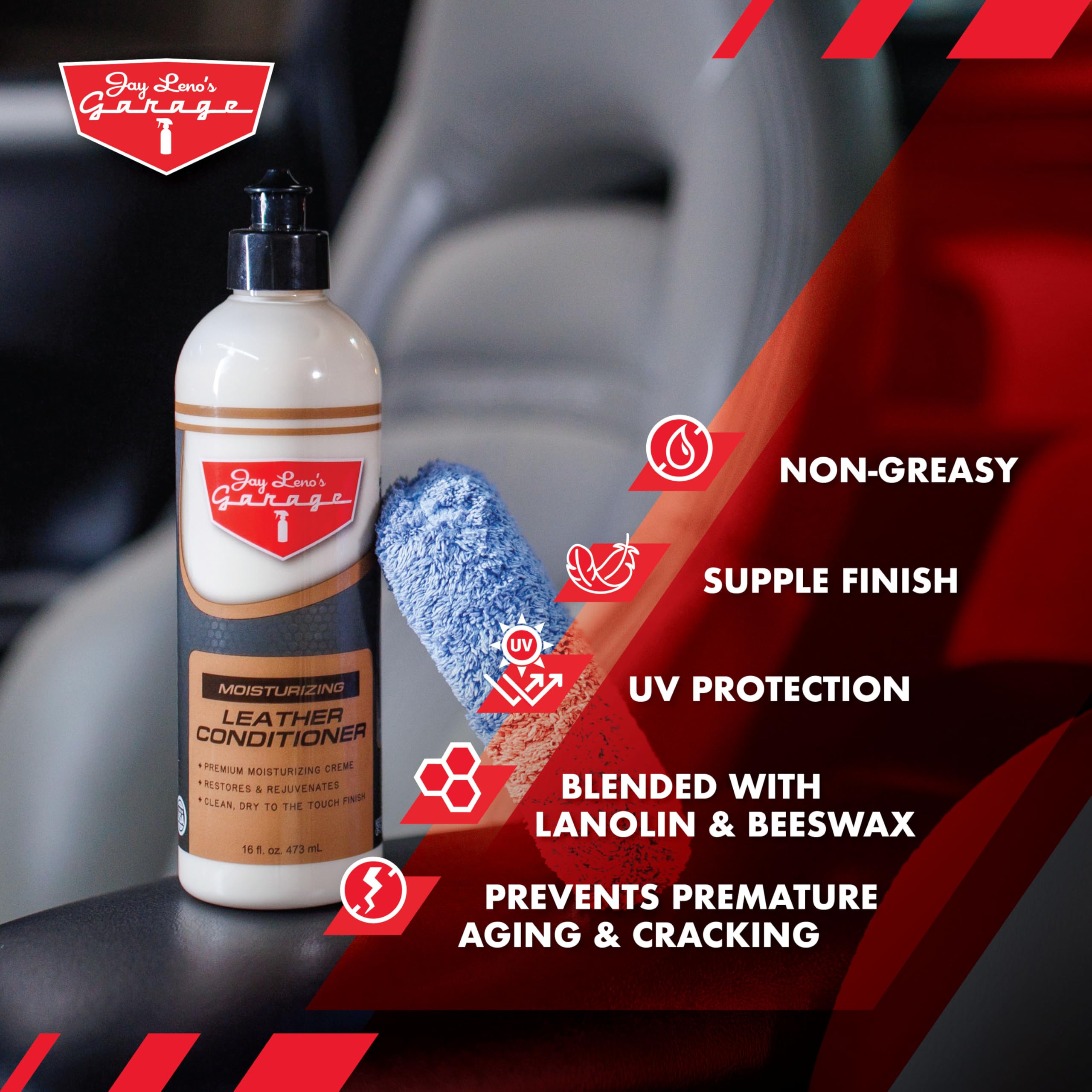 Jay Leno's Garage on perforated leather seat showing safe compatibility benefit
