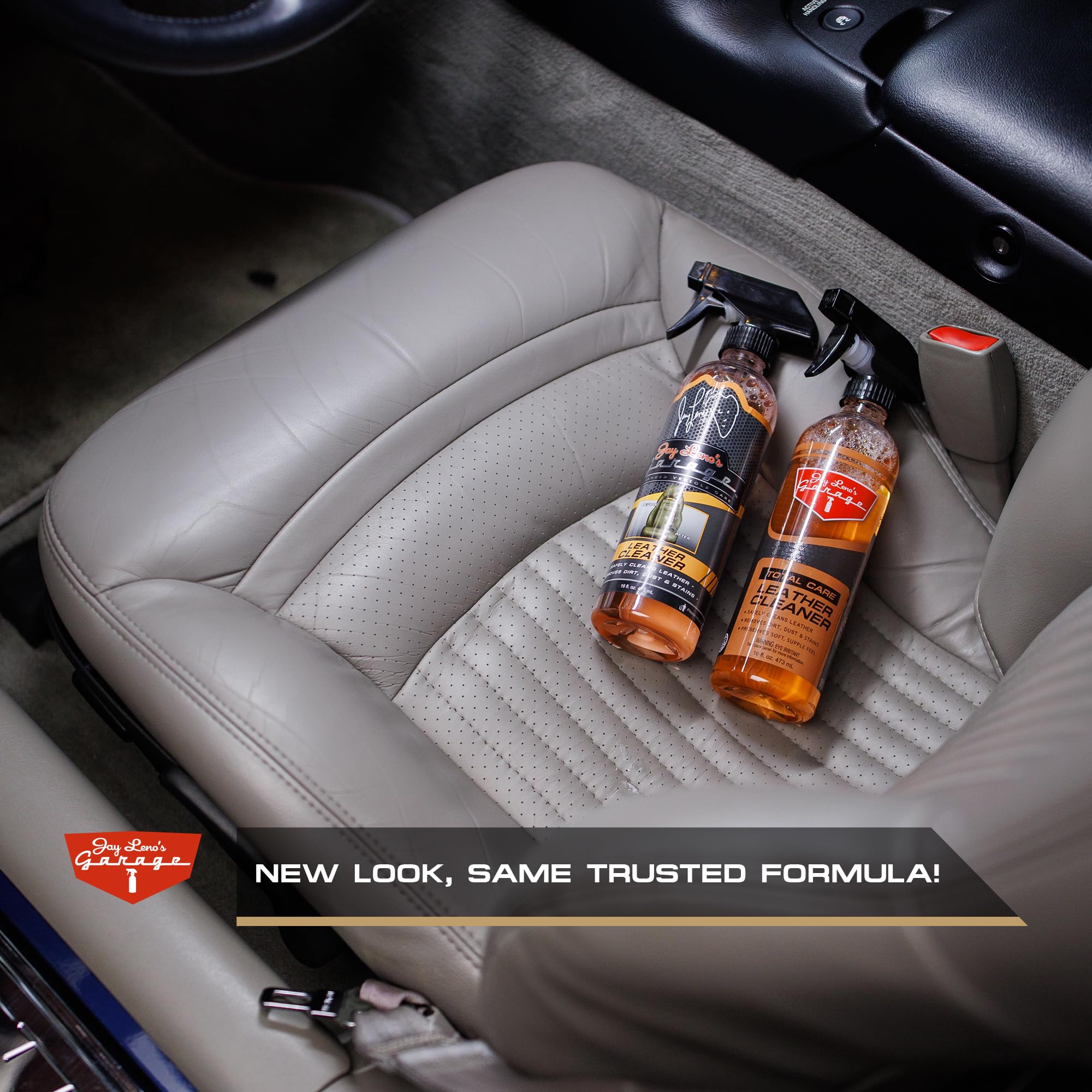 Jay Leno's Garage car seat before and after cleaning showing restored color and suppleness