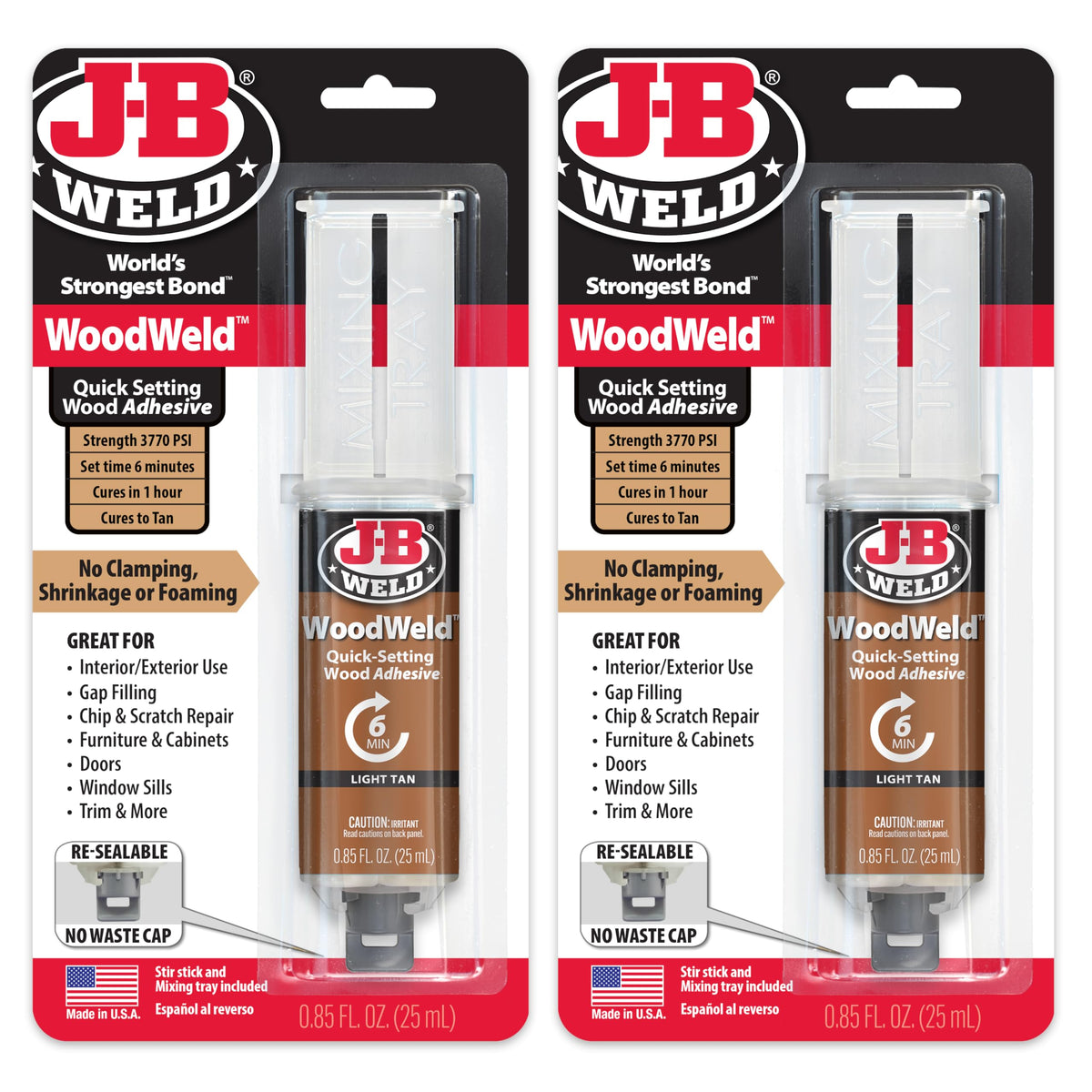 J-B Weld front packaging showing 2-pack syringe and benefits