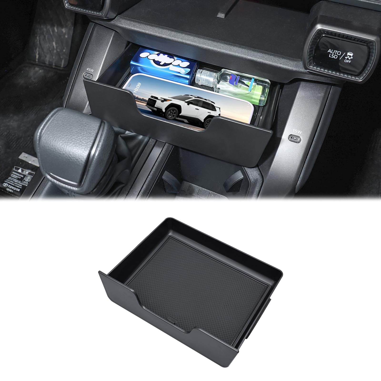 JDMCAR front view of installed console drawer showing discreet storage benefit