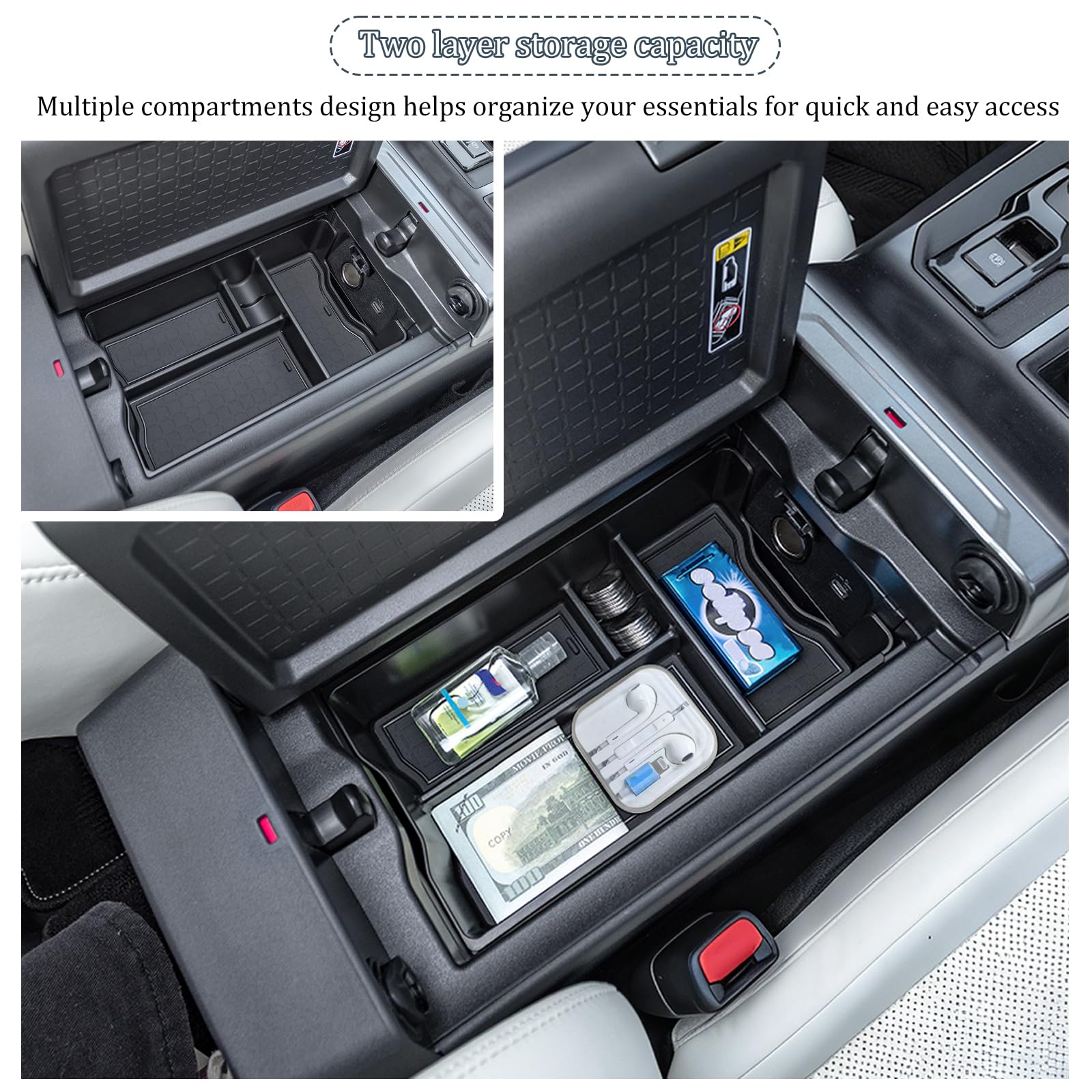 JDMCAR tray with coins, keys, and glasses organized for quick retrieval
