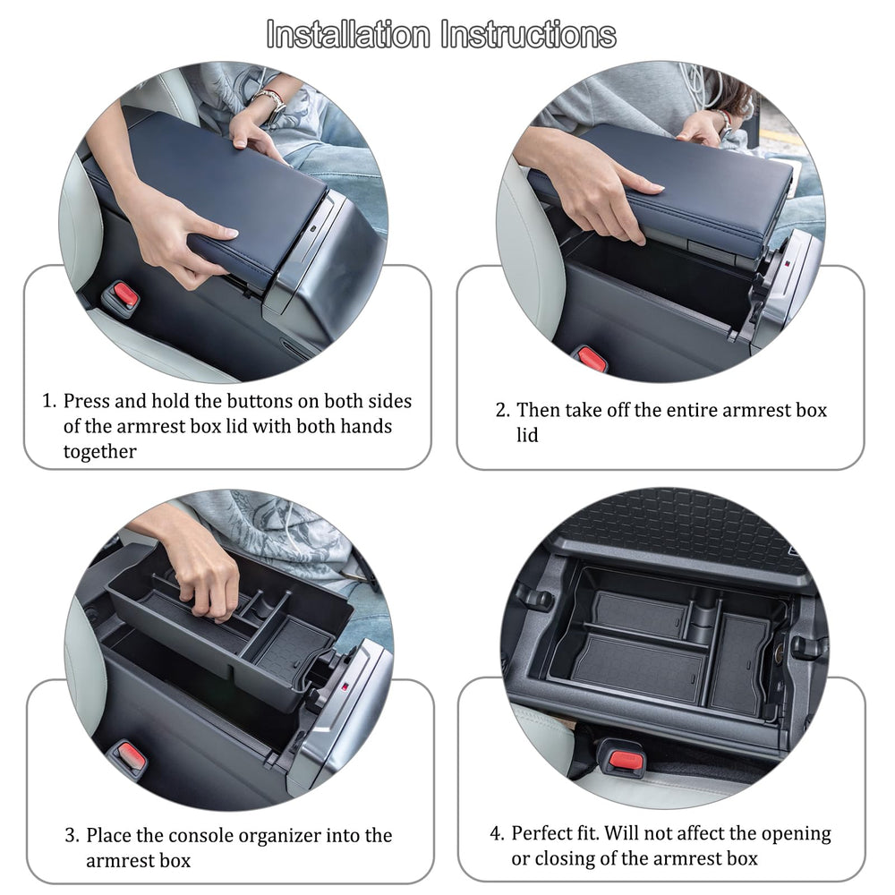 JDMCAR organizer installed in RAV4 armrest demonstrating preserved lid operation