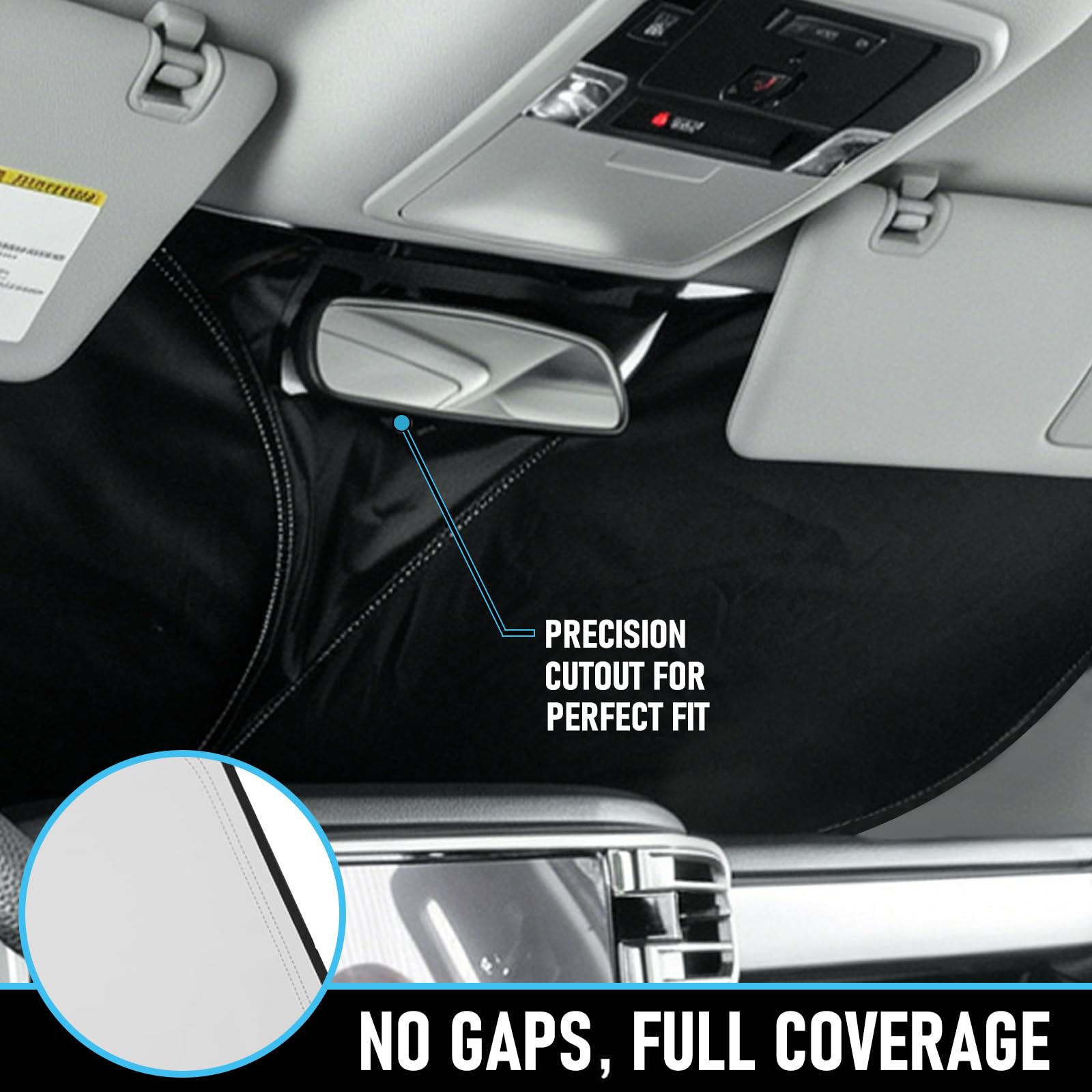 JDMCAR sunshade next to steering wheel showing scale and full dashboard protection