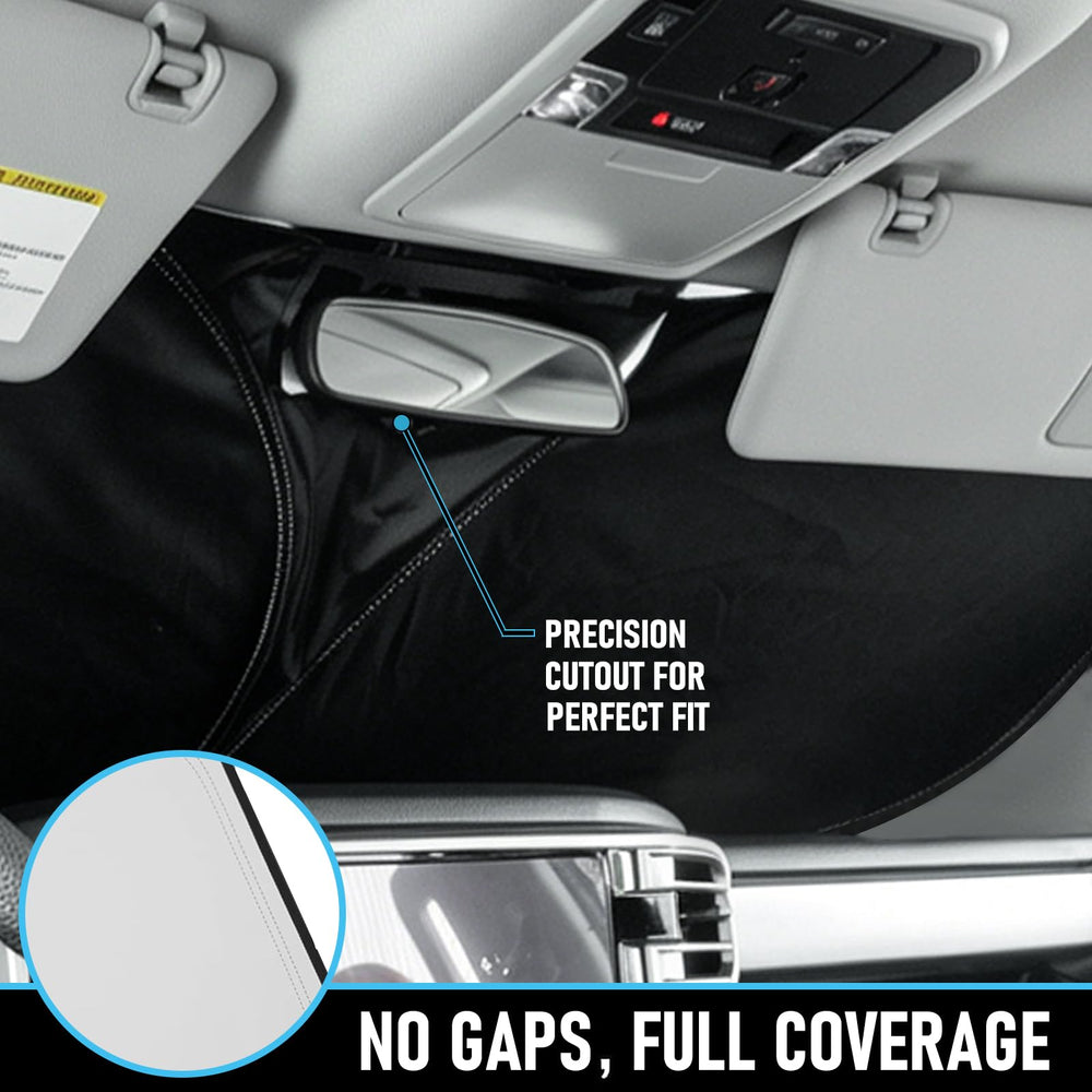 JDMCAR sunshade next to steering wheel showing scale and full dashboard protection