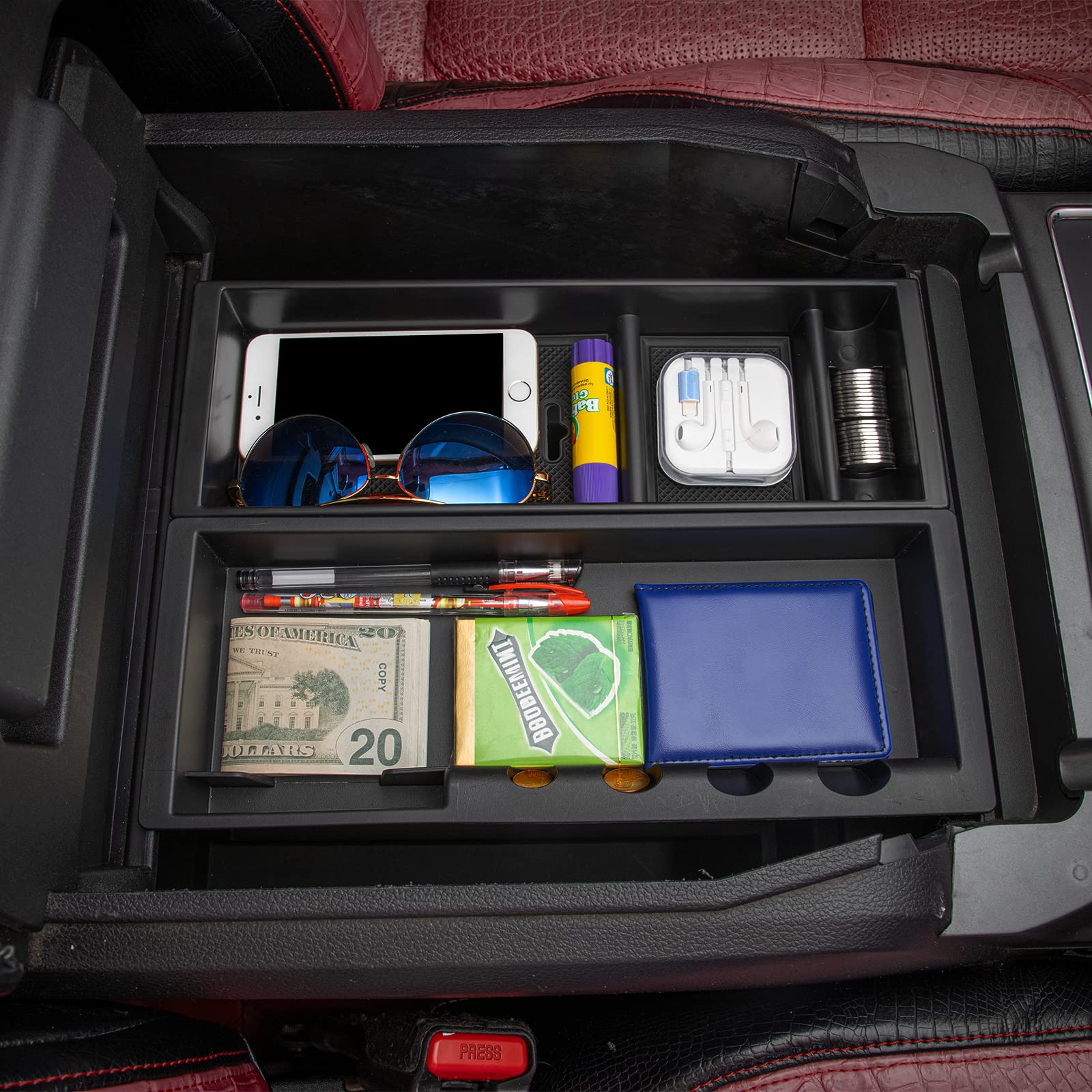 JDMCAR organizer next to phone and wallet for size and scale clarity