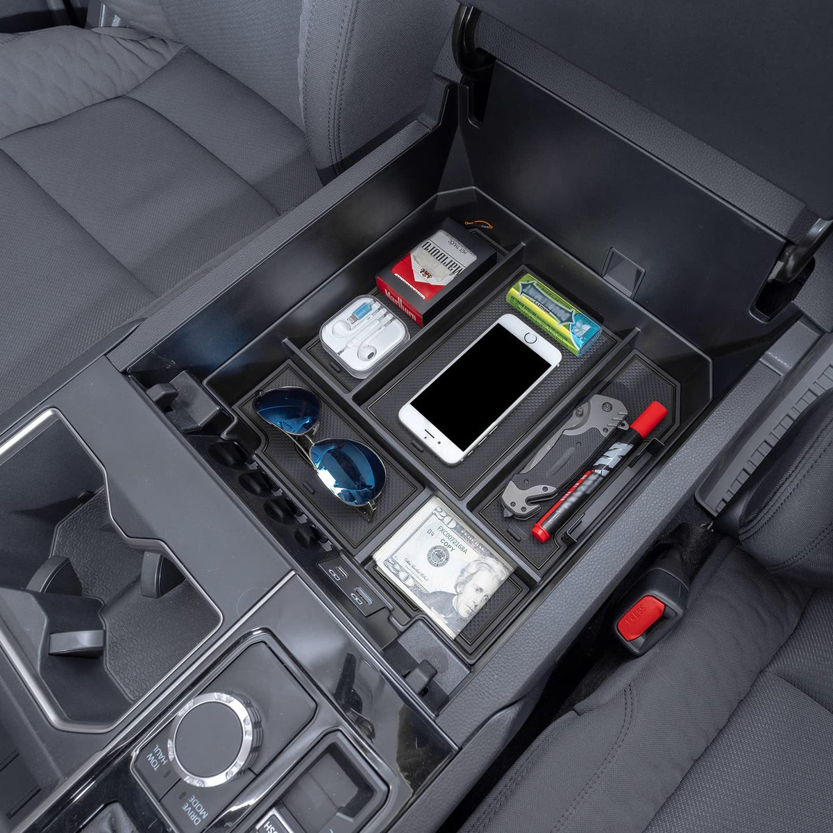 JDMCAR front view of console organizer showing neat compartments and easy access