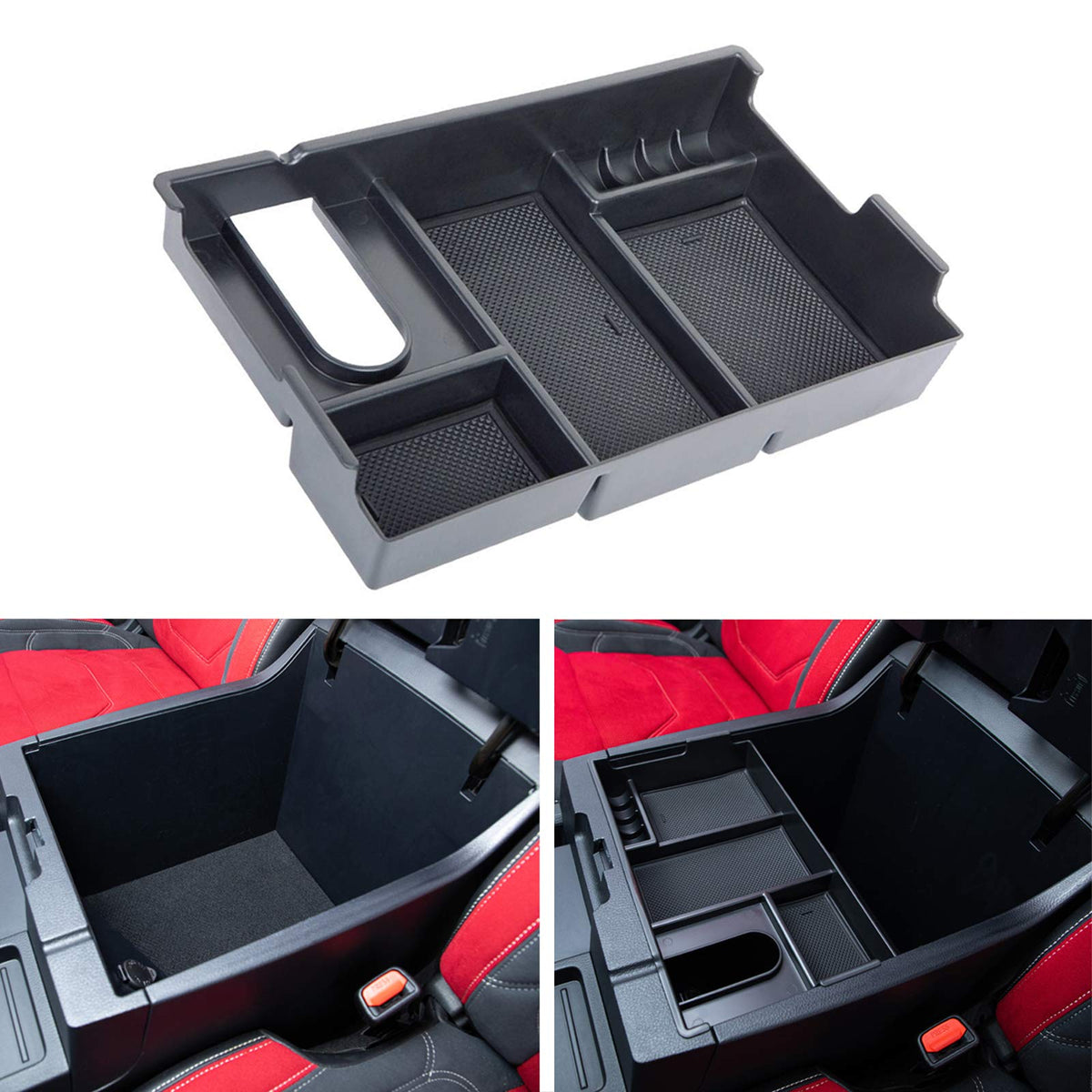 JDMCAR front view of console organizer showing neat fit and improved storage
