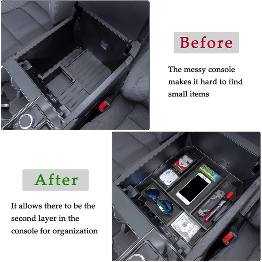 JDMCAR console organizer in use with phone, sunglasses, cards showing tidy storage