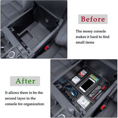 JDMCAR console organizer in use with phone, sunglasses, cards showing tidy storage