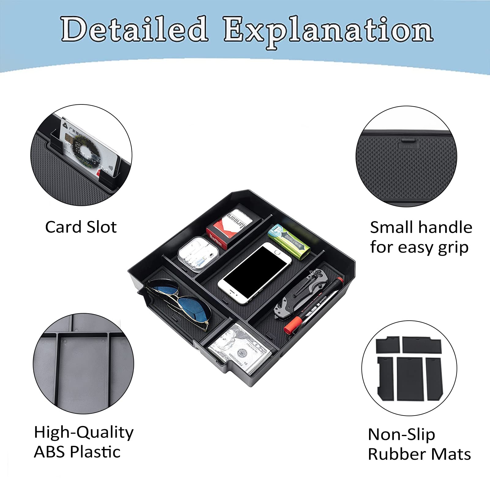 JDMCAR organizer next to smartphone illustrating size and fit in Tundra console
