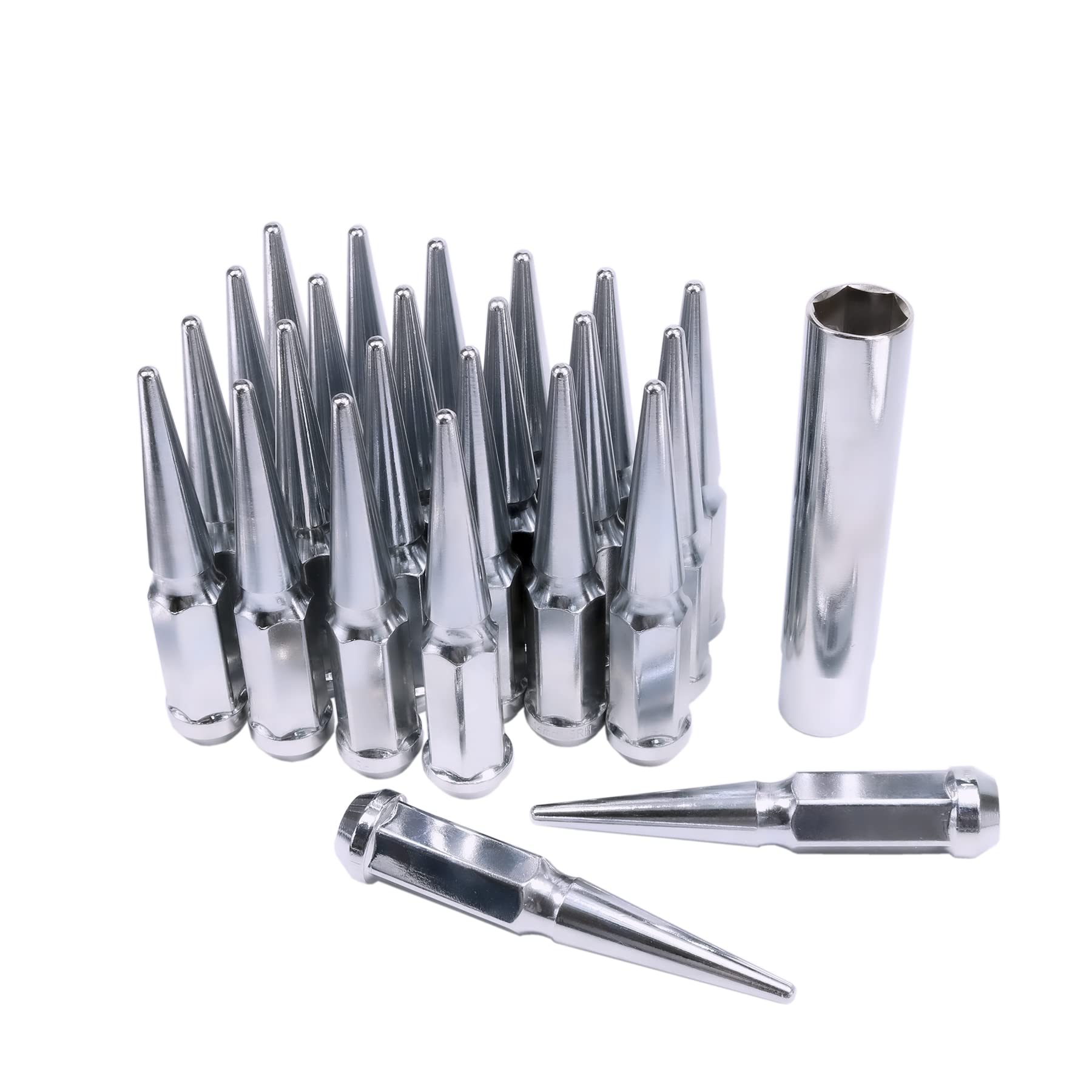 JDMSPEED front view of 24 chrome spike lug nuts showing full set and aggressive style