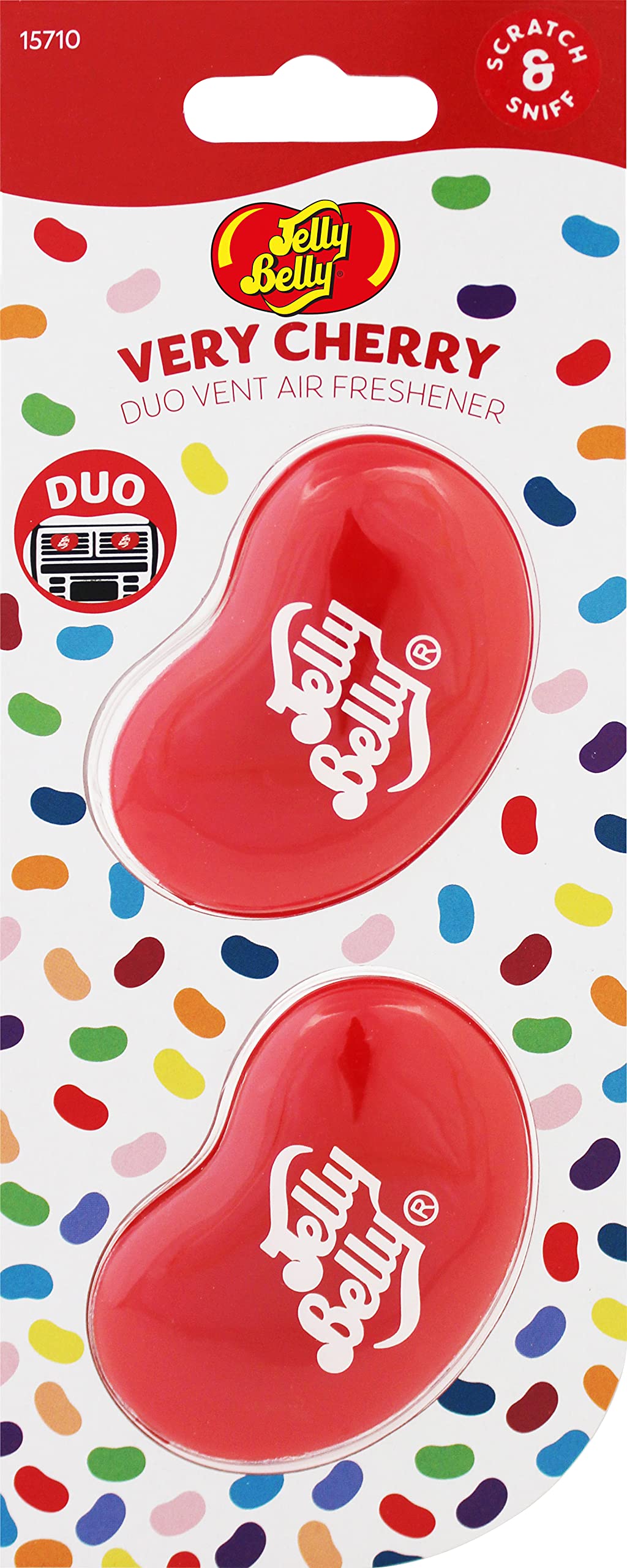 Jelly Belly front packaging showing duo pack and bright cherry color benefit: easy identification